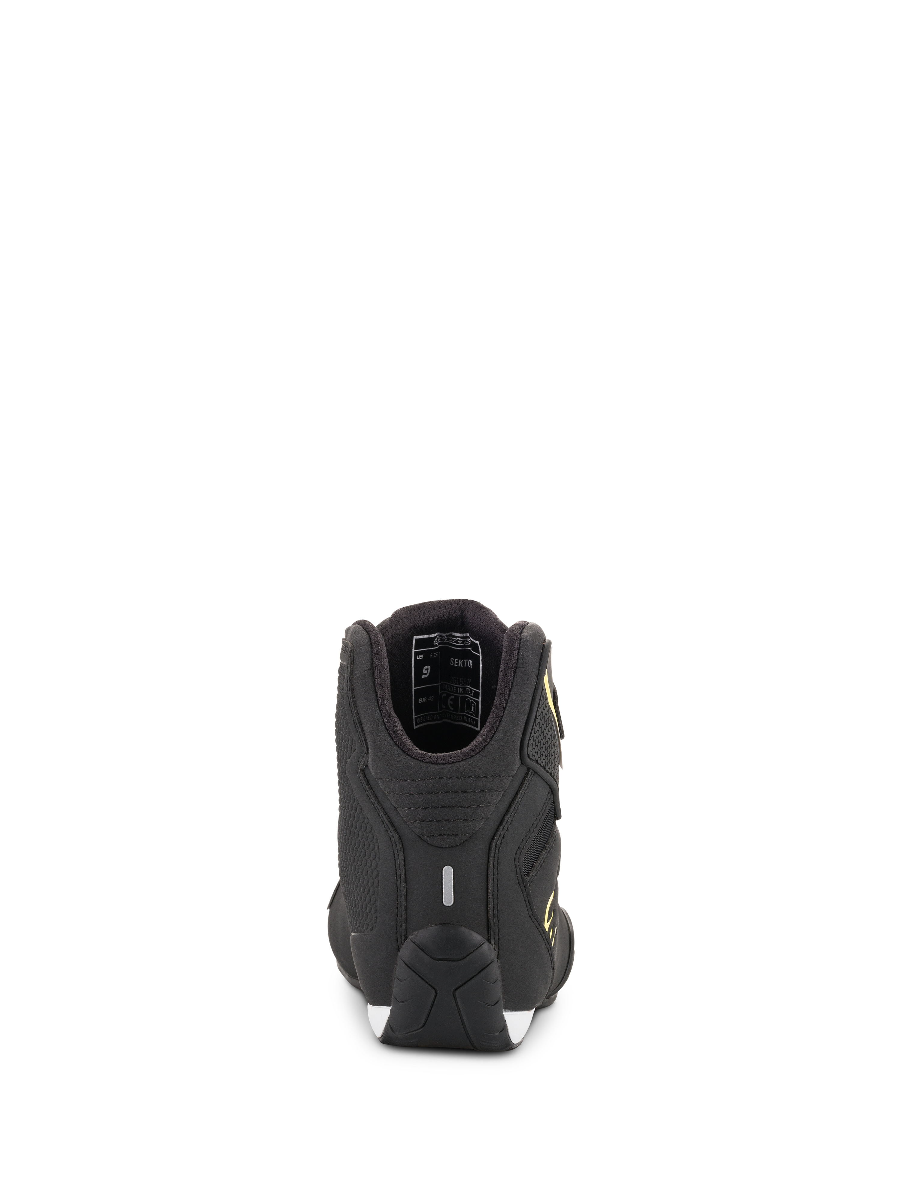 Alpinestars Sektor Shoes, buty motocyklowe, czarno-żółte fluo, widok z tyłu przedstawiający piętę z paskiem odblaskowym i detale wewnętrznej wyściółki, teksturowana podeszwa