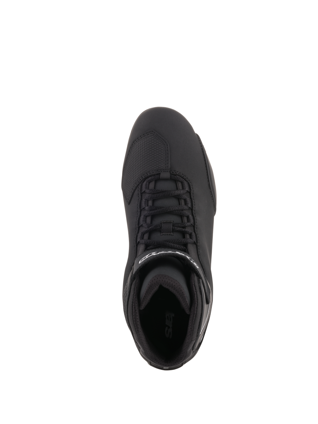 Buty Alpinestars Sektor, buty motocyklowe, czarne, widok z góry przedstawiający system szybkiego sznurowania, pasek na kostkę z białym logo, wzmocniona strefa palców, smukła konstrukcja z mikrofibry