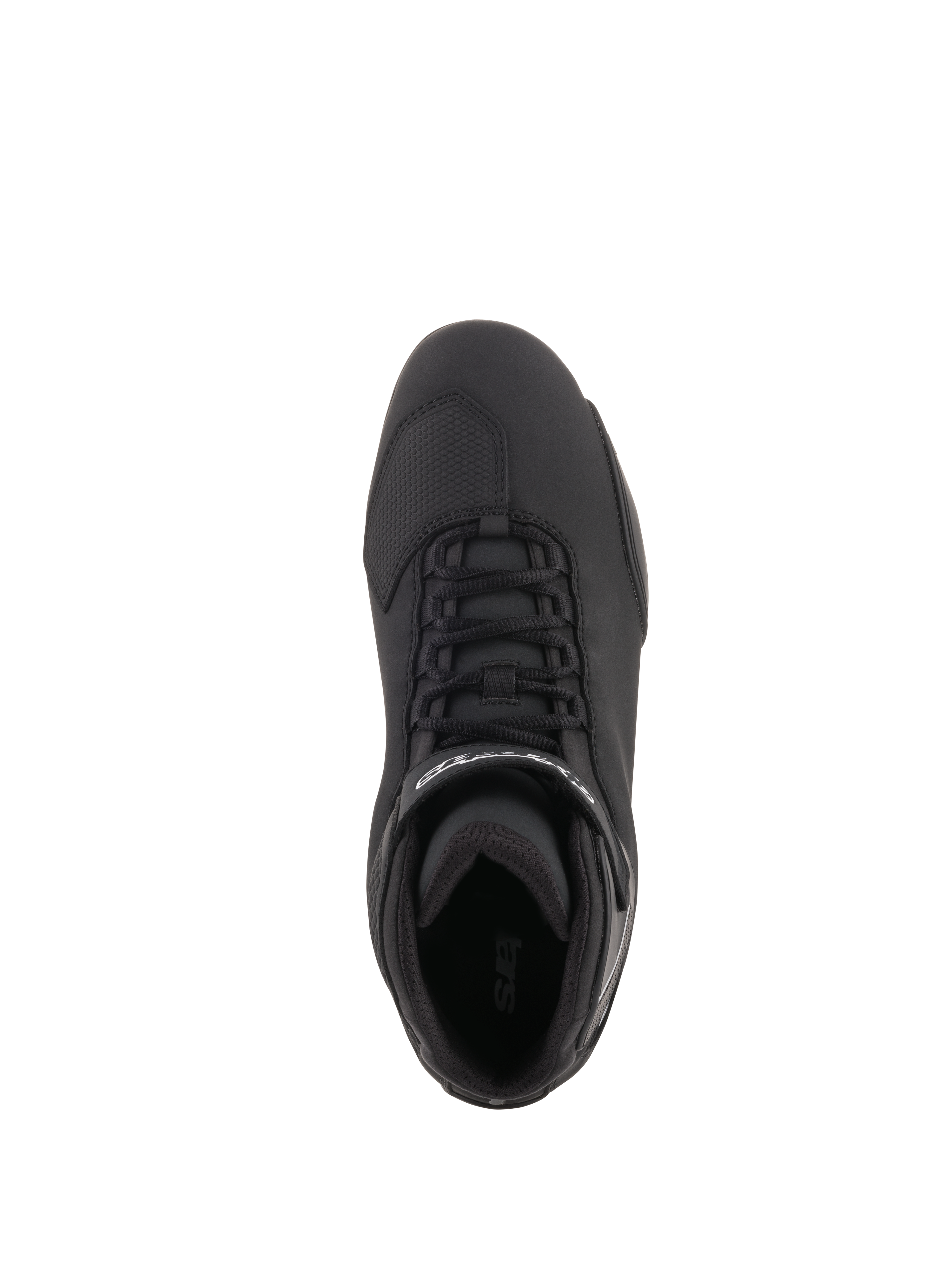 Buty Alpinestars Sektor, buty motocyklowe, czarne, widok z góry przedstawiający system szybkiego sznurowania, pasek na kostkę z białym logo, wzmocniona strefa palców, smukła konstrukcja z mikrofibry