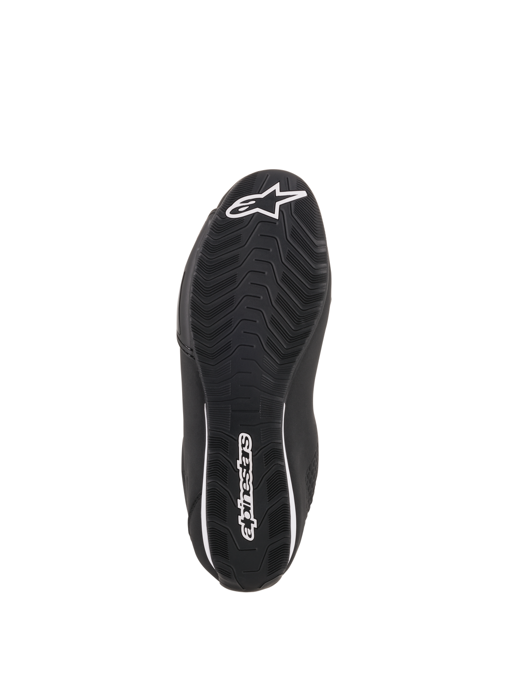 Buty Alpinestars Sektor, czarne buty motocyklowe, widok od dołu przedstawiający teksturowaną gumową podeszwę, białe logo gwiazdy Alpinestars na czubku i branding na pięcie, zaprojektowane dla optymalnej przyczepności i trwałości