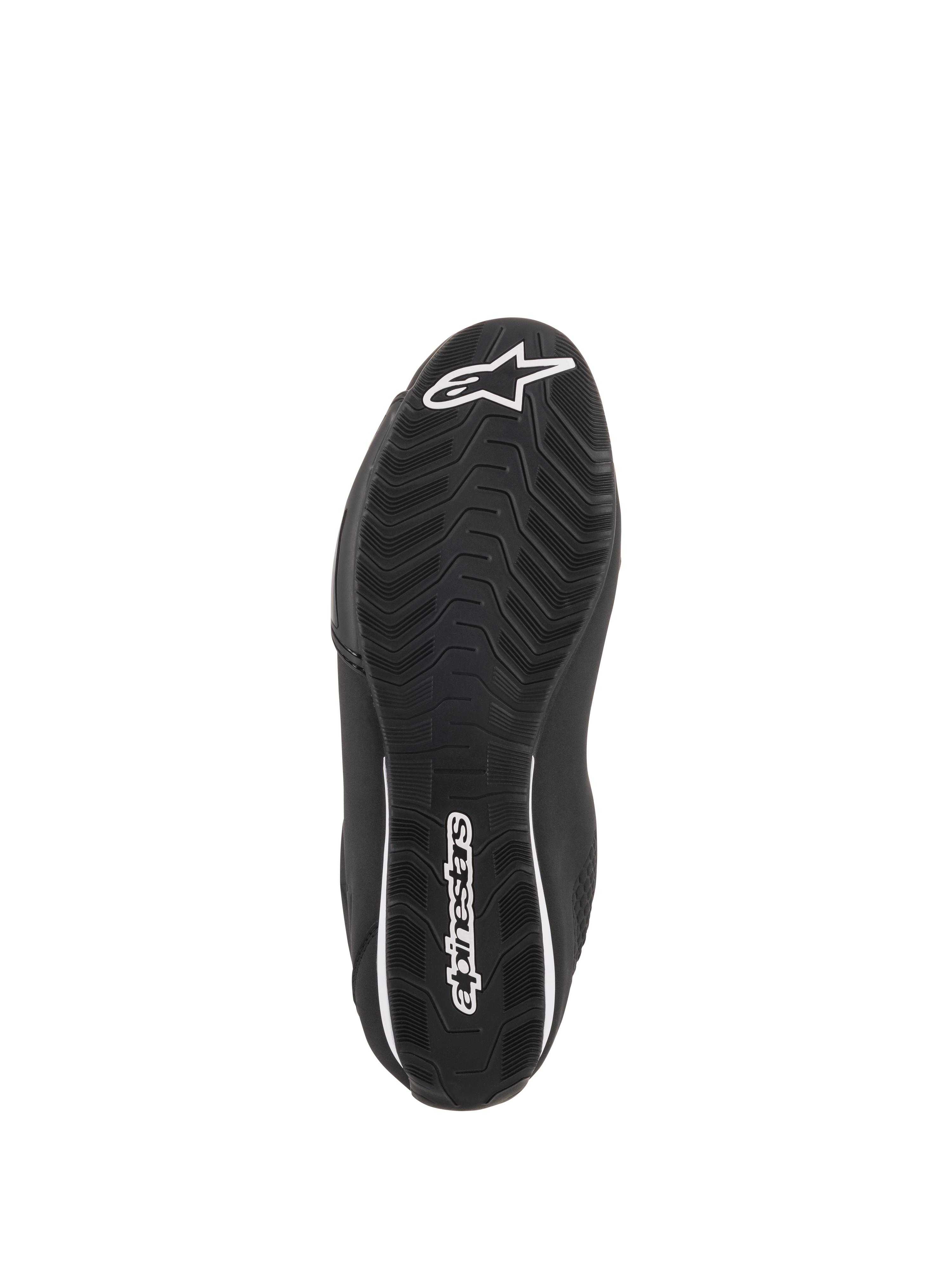 Buty Alpinestars Sektor, czarne buty motocyklowe, widok od dołu przedstawiający teksturowaną gumową podeszwę, białe logo gwiazdy Alpinestars na czubku i branding na pięcie, zaprojektowane dla optymalnej przyczepności i trwałości