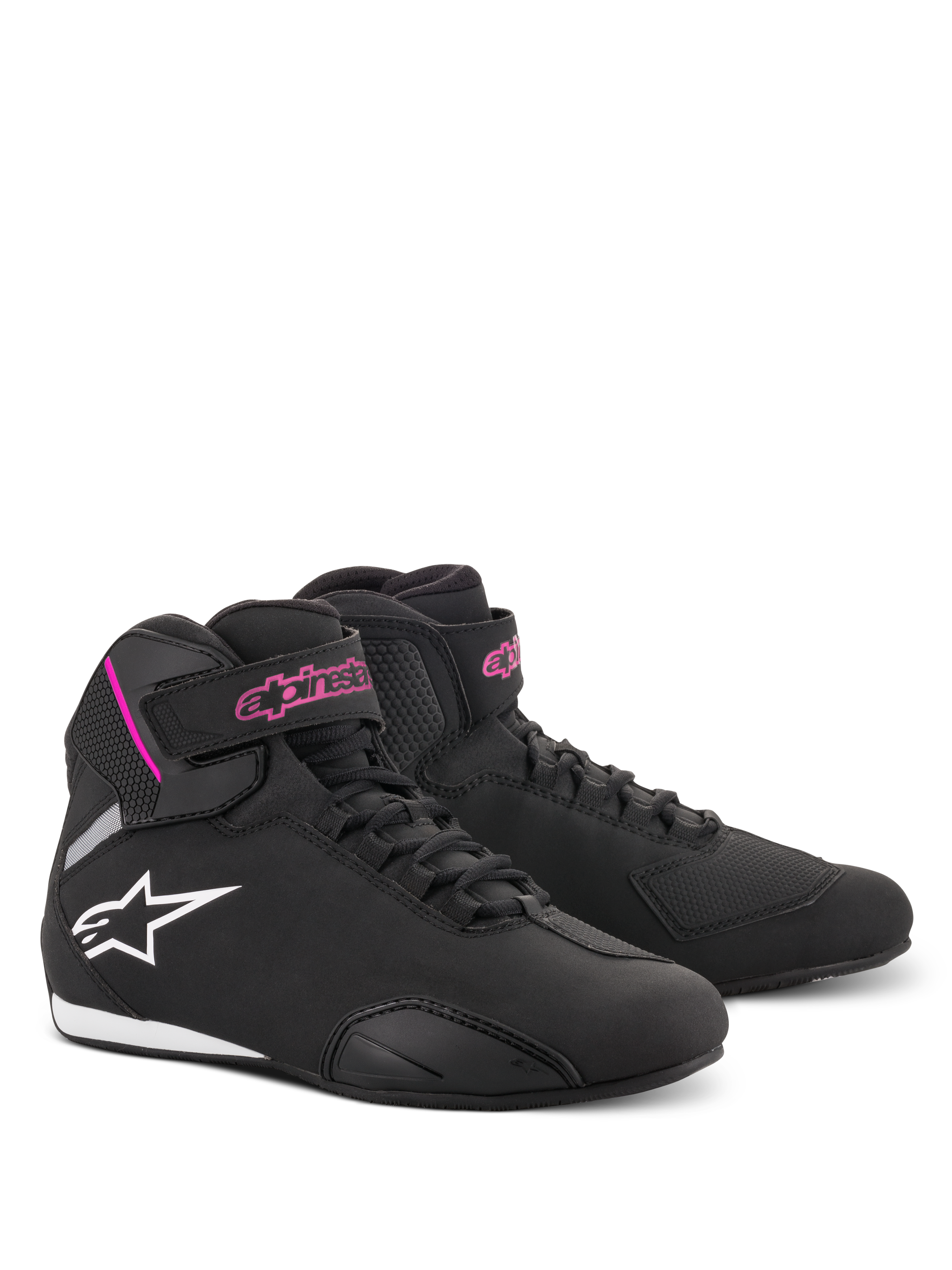 Alpinestars Women Stella Sektor Shoes, Motorcycle Riding Shoes, Black and Fuchsia, lightweight microfiber construction, high-top design with speed laces and velcro strap, pink branding and white star logo, sporty protective footwear