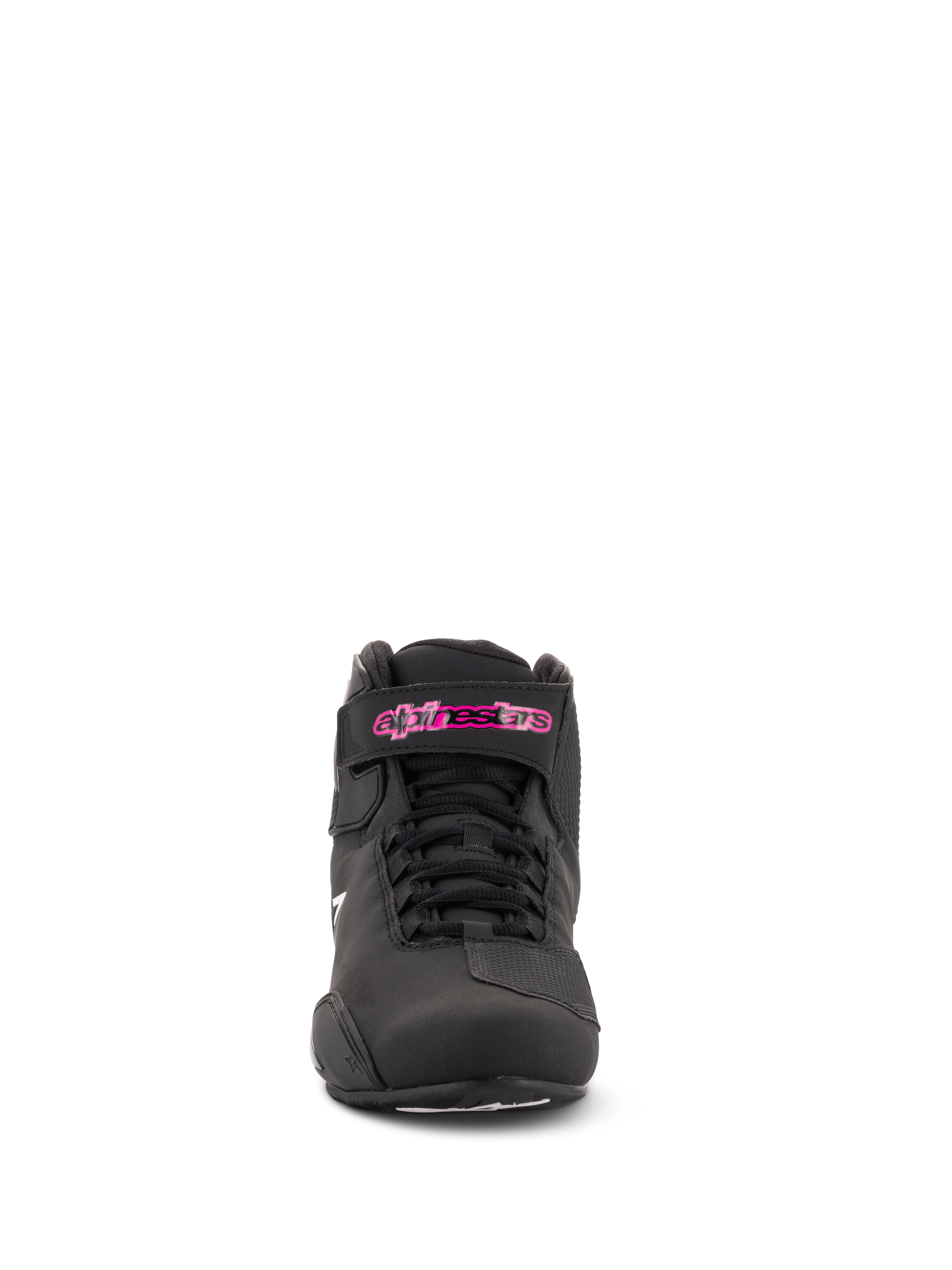 Alpinestars Women Stella Sektor Shoes, Motorcycle Riding Shoes, Black Fuchsia, front view, featuring microfiber construction, black laces, and a fuchsia logo on the ankle strap, sleek sport-inspired design.
