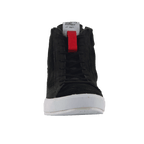 Alpinestars Stated Shoes, Black Motorcycle Riding Shoes, front view featuring black laces and a white vulcanized sole, red pull tab on the tongue with white branding label, urban streetwear design