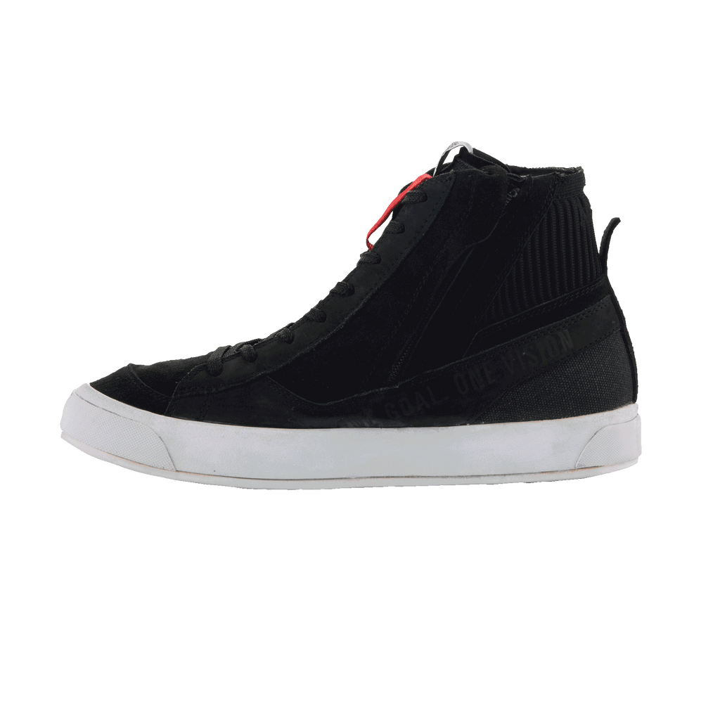 Alpinestars Stated Shoes, Black Urban Riding Shoes, high-top sneaker design with a white vulcanized sole, black suede and canvas upper, red accent on the tongue, and 'One Goal One Vision' text on the side