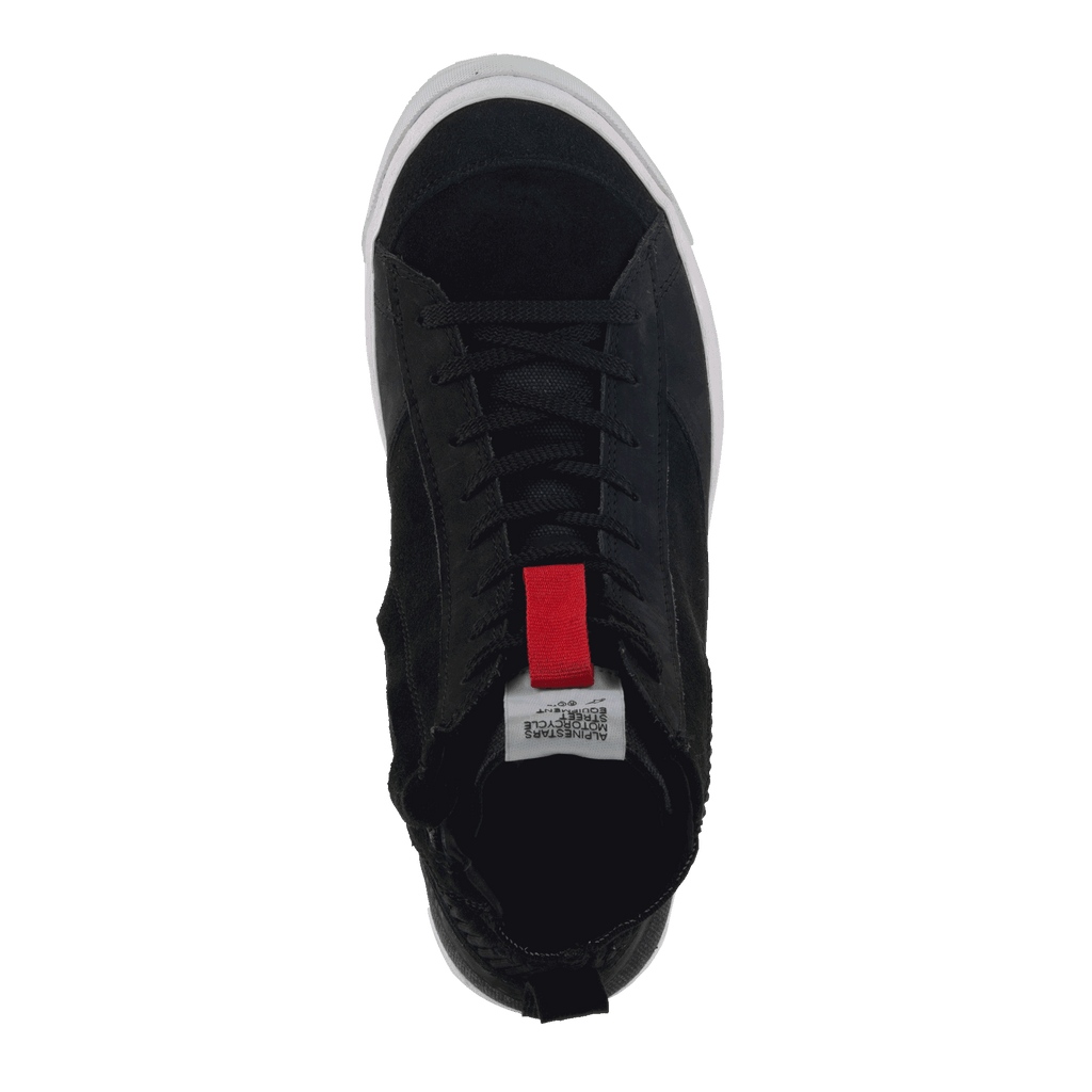 Alpinestars Stated Shoes, urban motorcycle riding shoes, black, top-down view featuring black laces, a red pull tab on the tongue, and a white vulcanized sole edge, minimalistic skate-inspired design for road riding