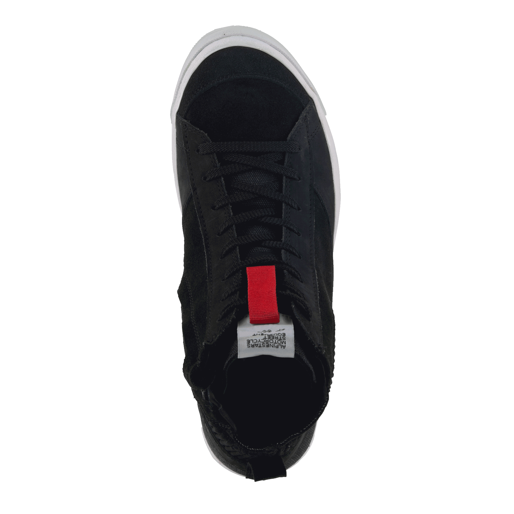Alpinestars Stated Shoes, urban motorcycle riding shoes, black, top-down view featuring black laces, a red pull tab on the tongue, and a white vulcanized sole edge, minimalistic skate-inspired design for road riding
