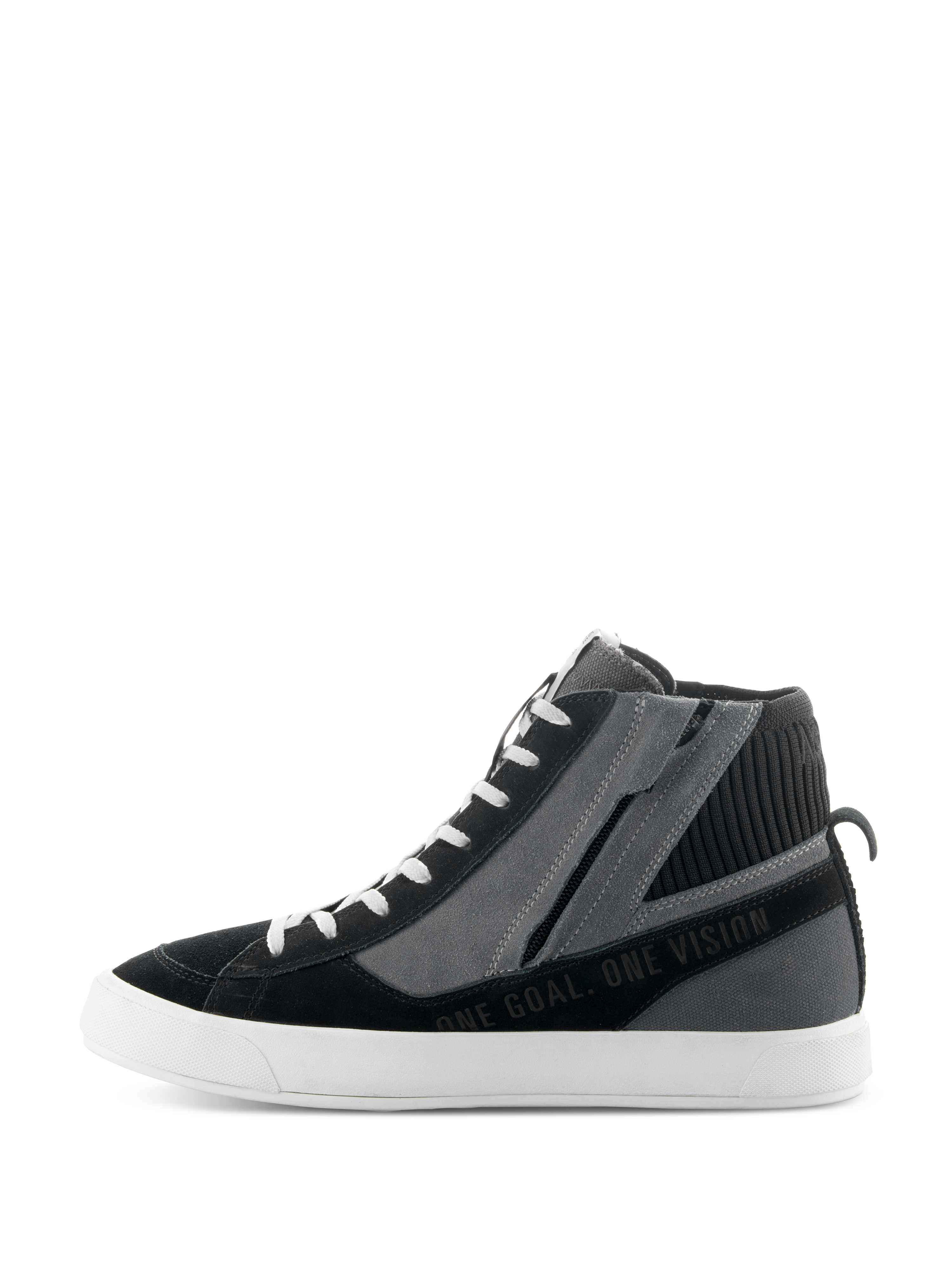 Buty Alpinestars Stated, czarno-szaro-białe miejskie buty motocyklowe, profil boczny prezentujący wysoki fason sneakersów, boczny zamek błyskawiczny, biała wulkanizowana podeszwa oraz napis „ONE GOAL. ONE VISION”.
