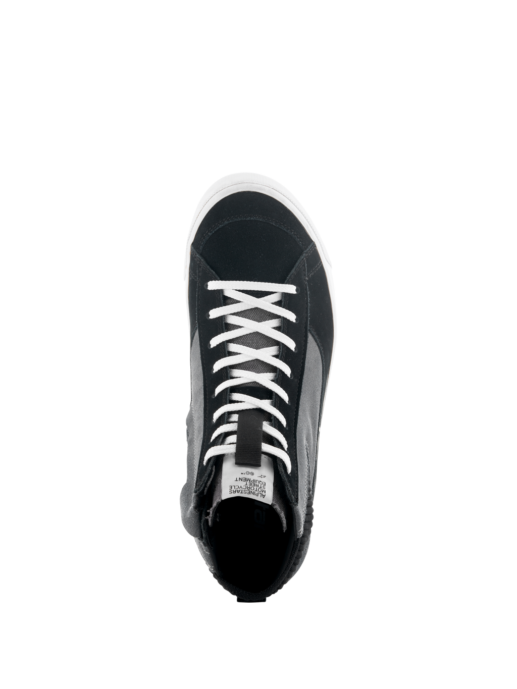 Buty Alpinestars Stated, widok z góry na czarno-szaro-białe sneakersy motocyklowe, białe sznurowadła, cholewka z zamszu dzielonego i płótna, biała wulkanizowana podeszwa, miejskie obuwie motocyklowe
