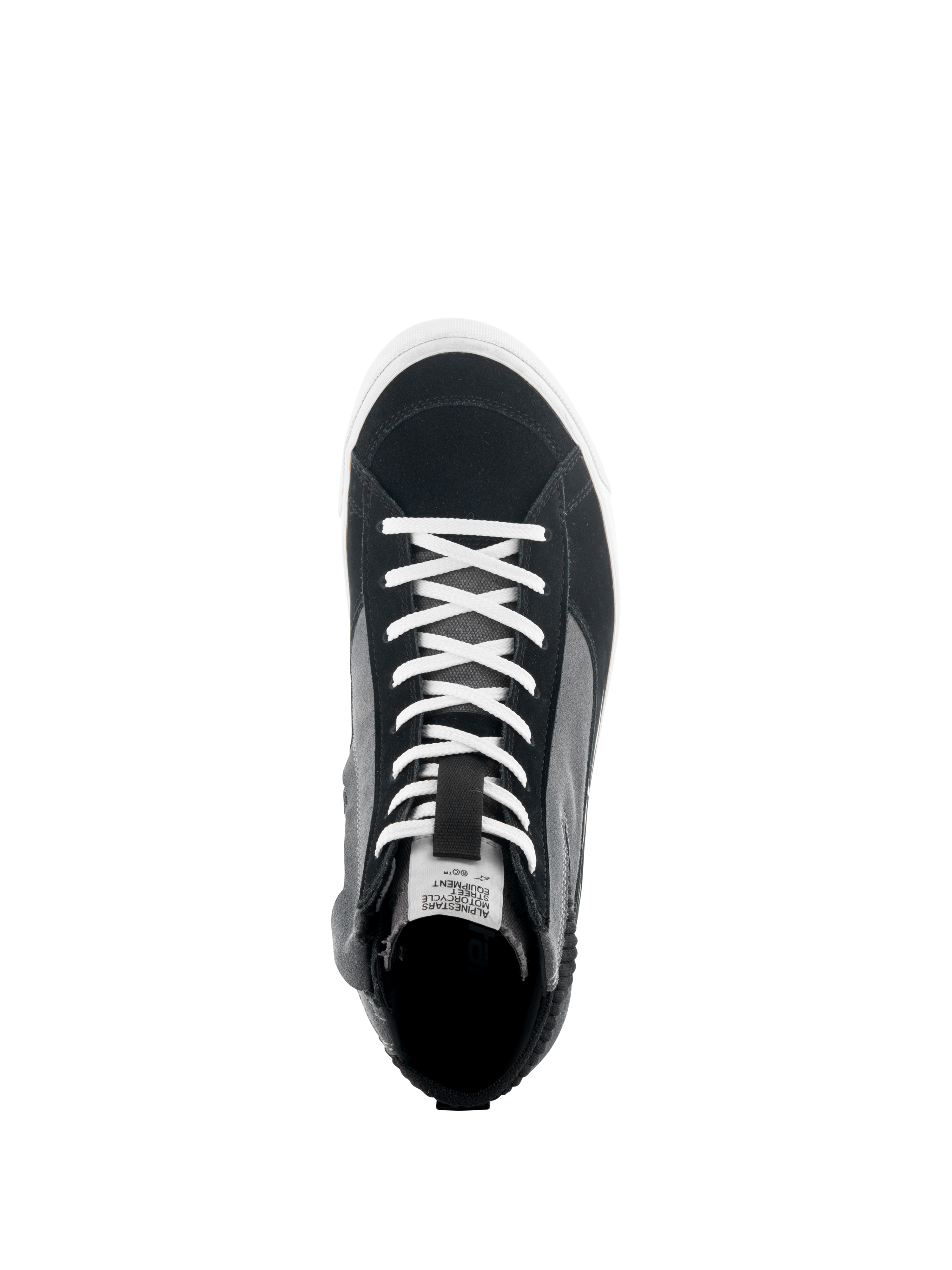 Buty Alpinestars Stated, widok z góry na czarno-szaro-białe sneakersy motocyklowe, białe sznurowadła, cholewka z zamszu dzielonego i płótna, biała wulkanizowana podeszwa, miejskie obuwie motocyklowe