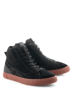 Alpinestars Stated Shoes, Urban Motorcycle Riding Shoes, Black and Gum, high-top silhouette with black suede and canvas upper, brown vulcanized rubber sole, retro skate-inspired design for street and road use