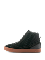 Alpinestars Stated Shoes, Urban Motorcycle Riding Shoes, Black and Gum, lateral view showing side zipper, vulcanized rubber sole, and 'ONE GOAL. ONE VISION.' text on the suede and canvas upper
