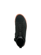Alpinestars Stated Shoes, Top-down view of urban motorcycle riding shoe, Black suede upper with gum-colored vulcanized sole, minimalistic skate-inspired design, classic laces and street sneaker styling.