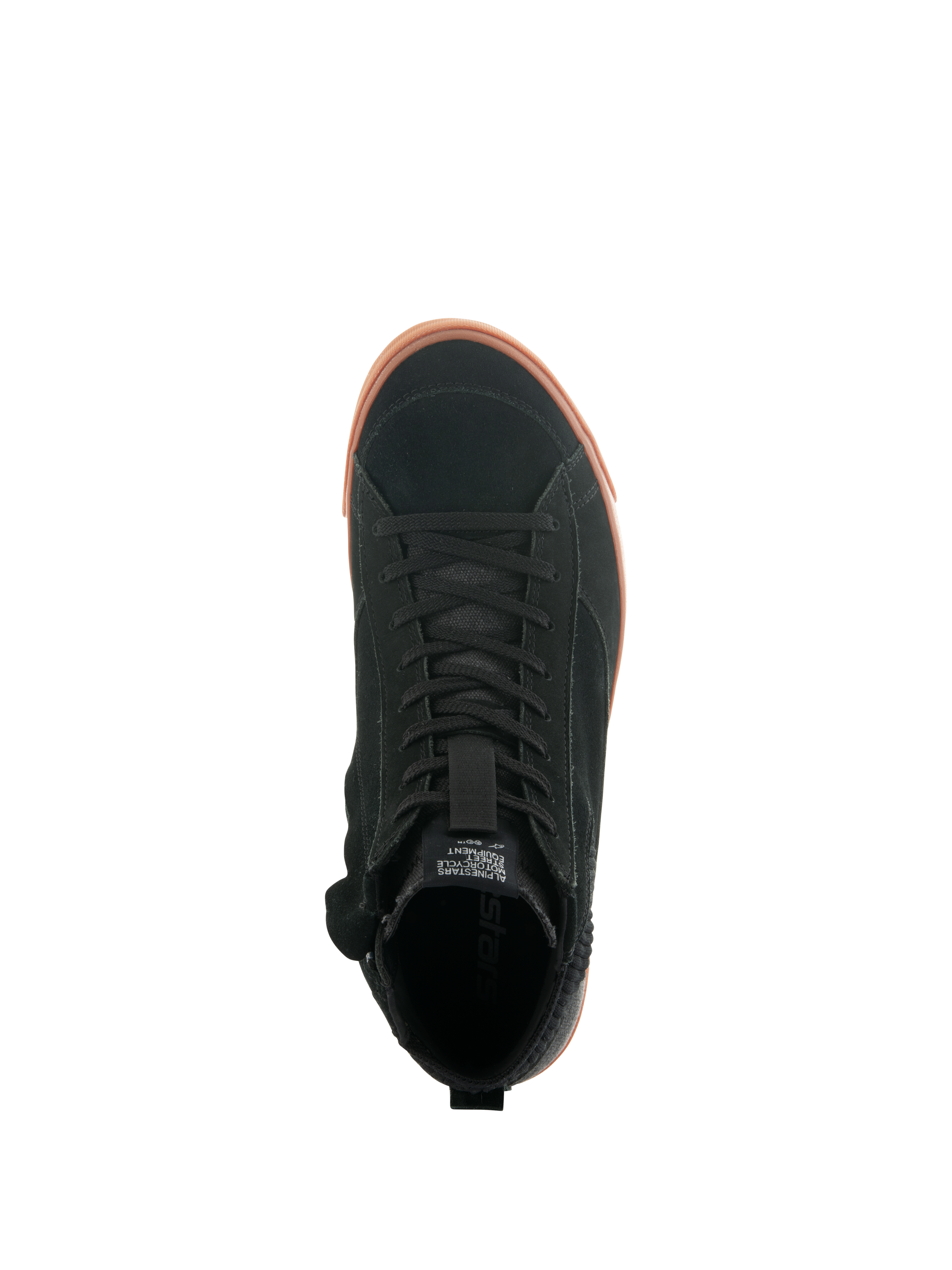 Alpinestars Stated Shoes, Top-down view of urban motorcycle riding shoe, Black suede upper with gum-colored vulcanized sole, minimalistic skate-inspired design, classic laces and street sneaker styling.