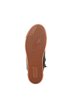 Alpinestars Stated Shoes, Black Gum, bottom view of the vulcanized gum rubber sole featuring a herringbone traction pattern, Alpinestars logo, and TPF (Transversal Protection Frame) branding, urban motorcycle footwear