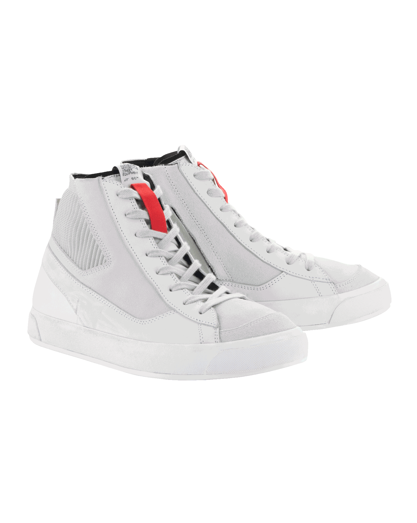 Alpinestars Stated Shoes, buty motocyklowe, White Cool Gray, wysokie trampki w stylu retro z wulkanizowanymi gumowymi podeszwami, czerwone akcenty na pętlach sznurowadeł, trwała konstrukcja z nubuku i płótna