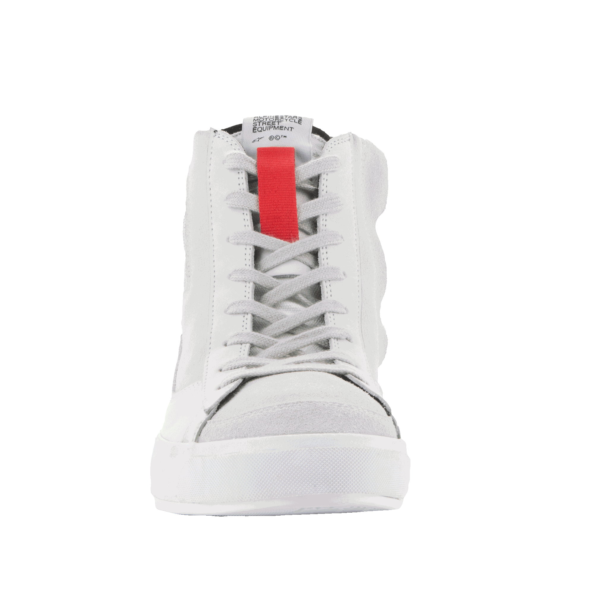 Alpinestars Stated Shoes, miejskie buty motocyklowe, White Cool Gray, widok od przodu wysokich butów motocyklowych, z wyraźnym czerwonym akcentem na języku, szarymi sznurowadłami i białą wulkanizowaną podeszwą, minimalistyczny design inspirowany stylem skate