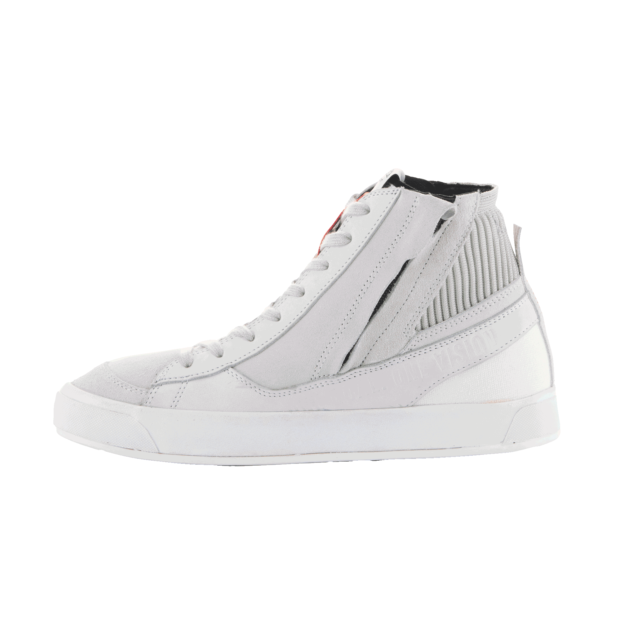 Buty Alpinestars Stated, miejskie buty motocyklowe, kolor White Cool Gray, styl wysokich trampków ulicznych, konstrukcja z nubuku i zamszu, boczny zamek błyskawiczny, biała wulkanizowana podeszwa, prążkowany kołnierz kostki