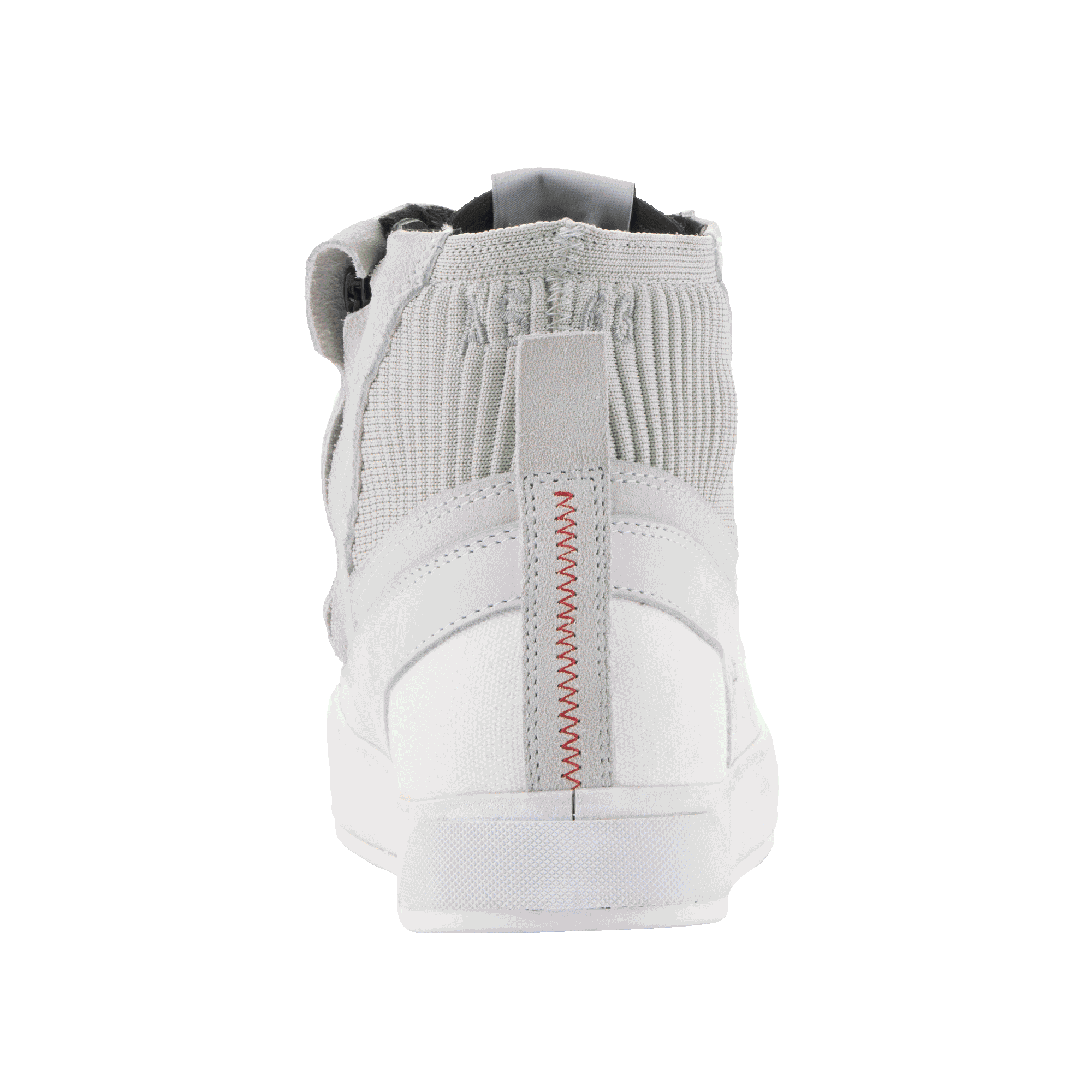 Alpinestars Stated Shoes, buty motocyklowe, White Cool Gray, widok z tyłu z czerwonym zygzakowatym szwem na pięcie, kołnierzem kostki z dzianinowej siatki i białą wulkanizowaną podeszwą, design miejskich trampek