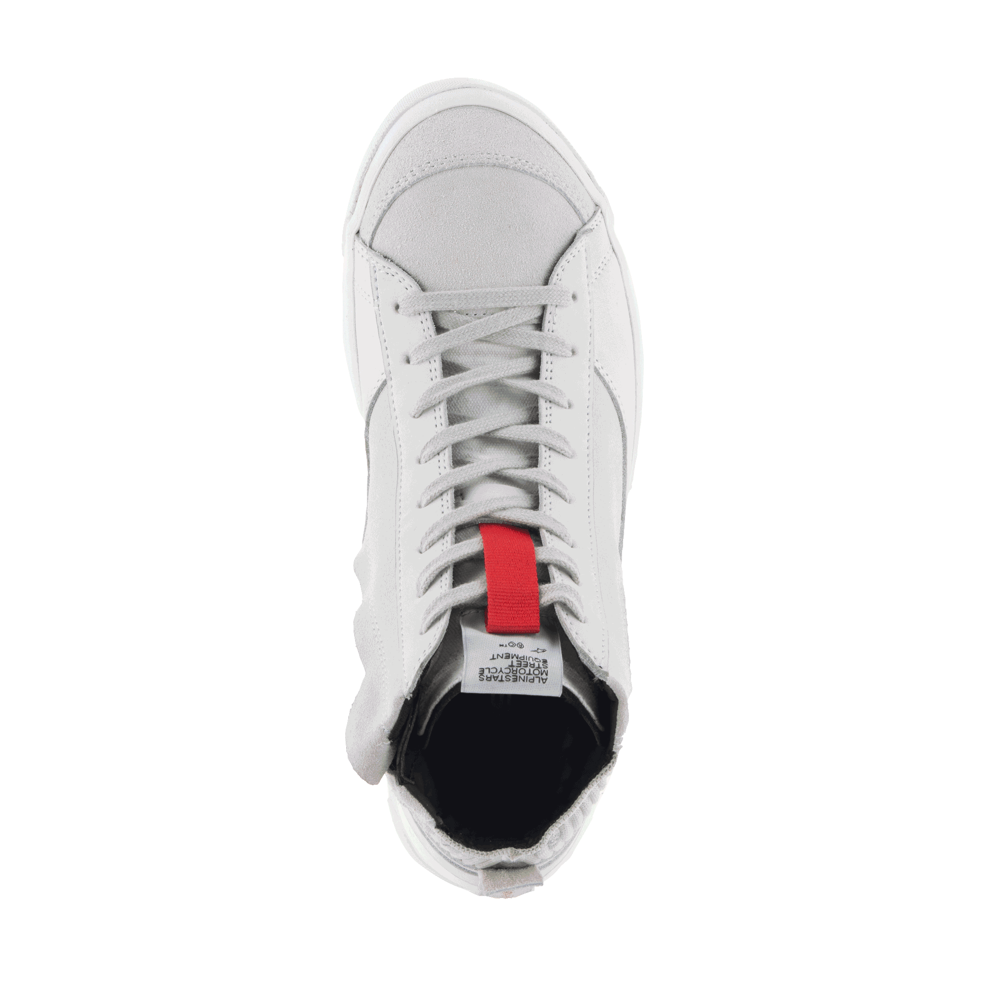 Alpinestars Stated Shoes, miejskie buty motocyklowe, White Cool Gray, widok z góry przedstawiający zamszowy nosek i klasyczne sznurowanie, czerwony akcent na języku, design motocyklowych trampków inspirowany stylem skate retro