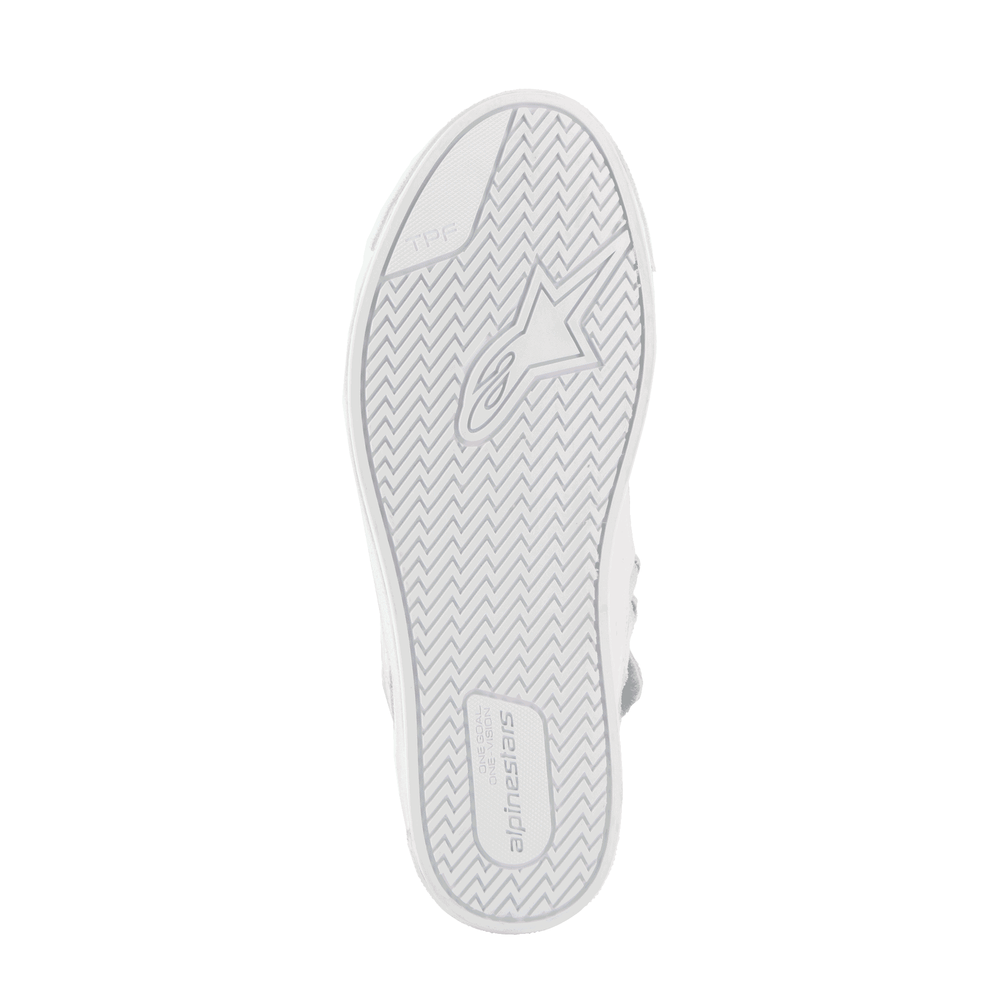Alpinestars Stated Shoes, miejskie buty motocyklowe, White Cool Gray, widok od dołu na wulkanizowaną gumową podeszwę, z bieżnikiem w jodełkę, brandingiem Alpinestars i logo TPF (Transversal Protection Frame) dla przyczepności i bezpieczeństwa