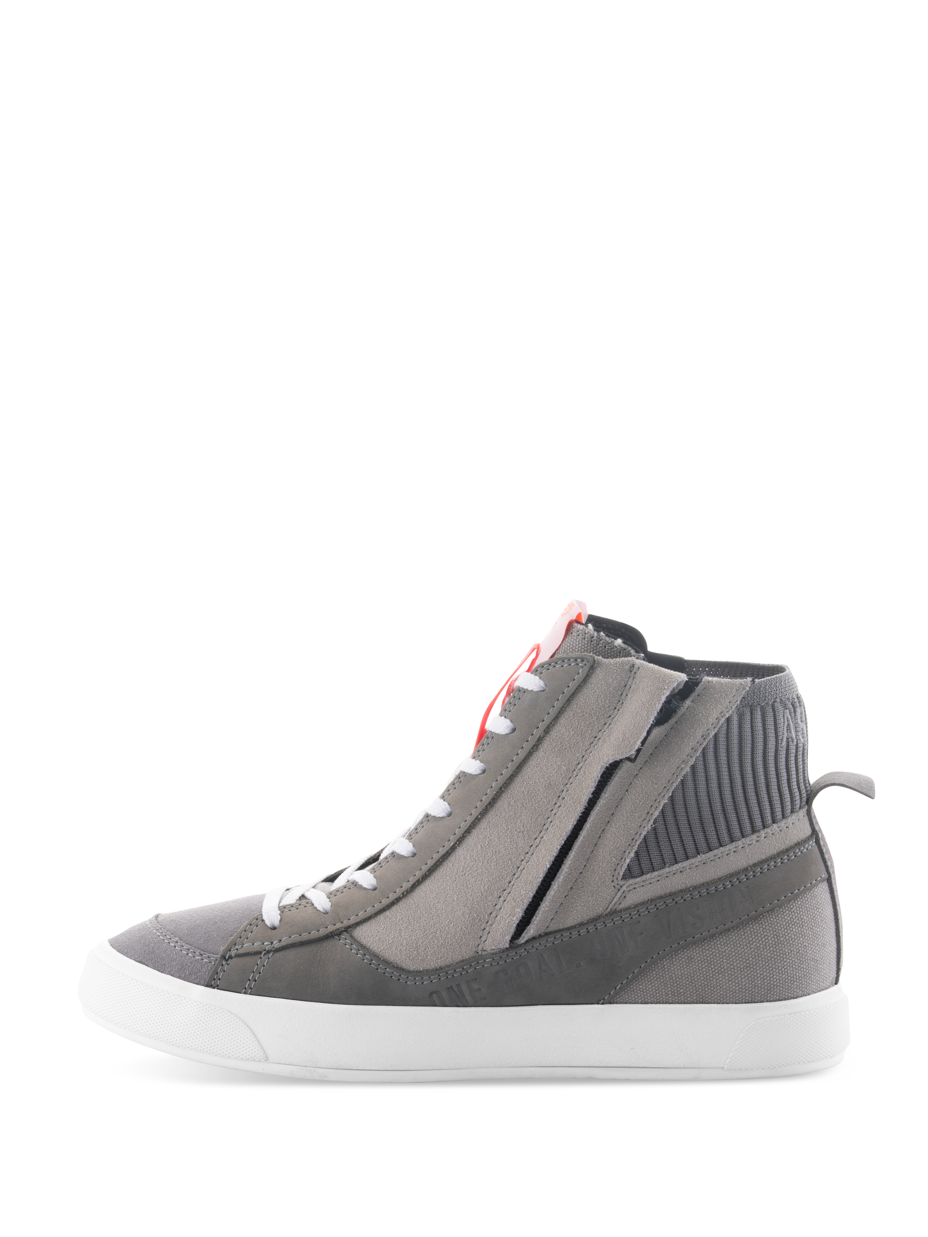 Alpinestars Stated Shoes, urban motorcycle riding shoes in Light Gray Red Fluo White, high-top retro sneaker design with gray suede and canvas upper, lateral zipper, and white vulcanized sole