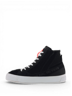 Buty Alpinestars Stella Stated Podium, damskie buty motocyklowe typu sneakersy, czarne z białą podeszwą, styl miejski i białe sznurowadła.
