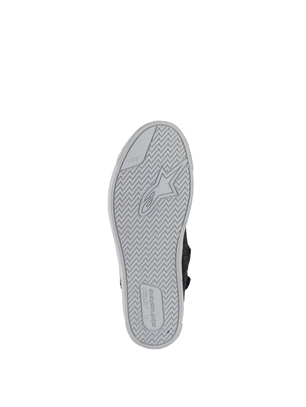 Buty Alpinestars Stella Stated Podium, damskie buty motocyklowe, czarne i jasnoszare, gumowa podeszwa z logo, widok od spodu.