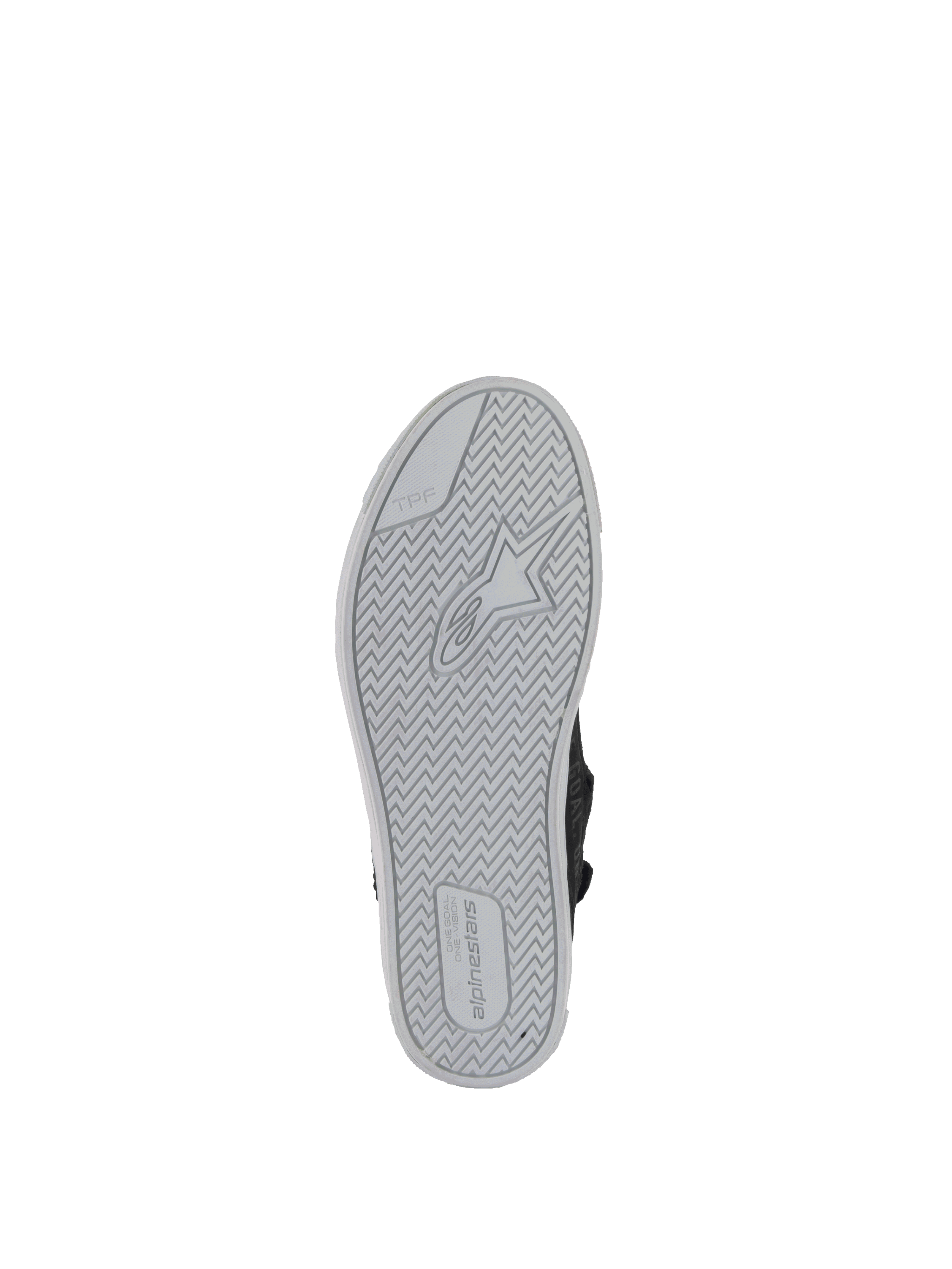 Buty Alpinestars Stella Stated Podium, damskie buty motocyklowe, czarne i jasnoszare, gumowa podeszwa z logo, widok od spodu.