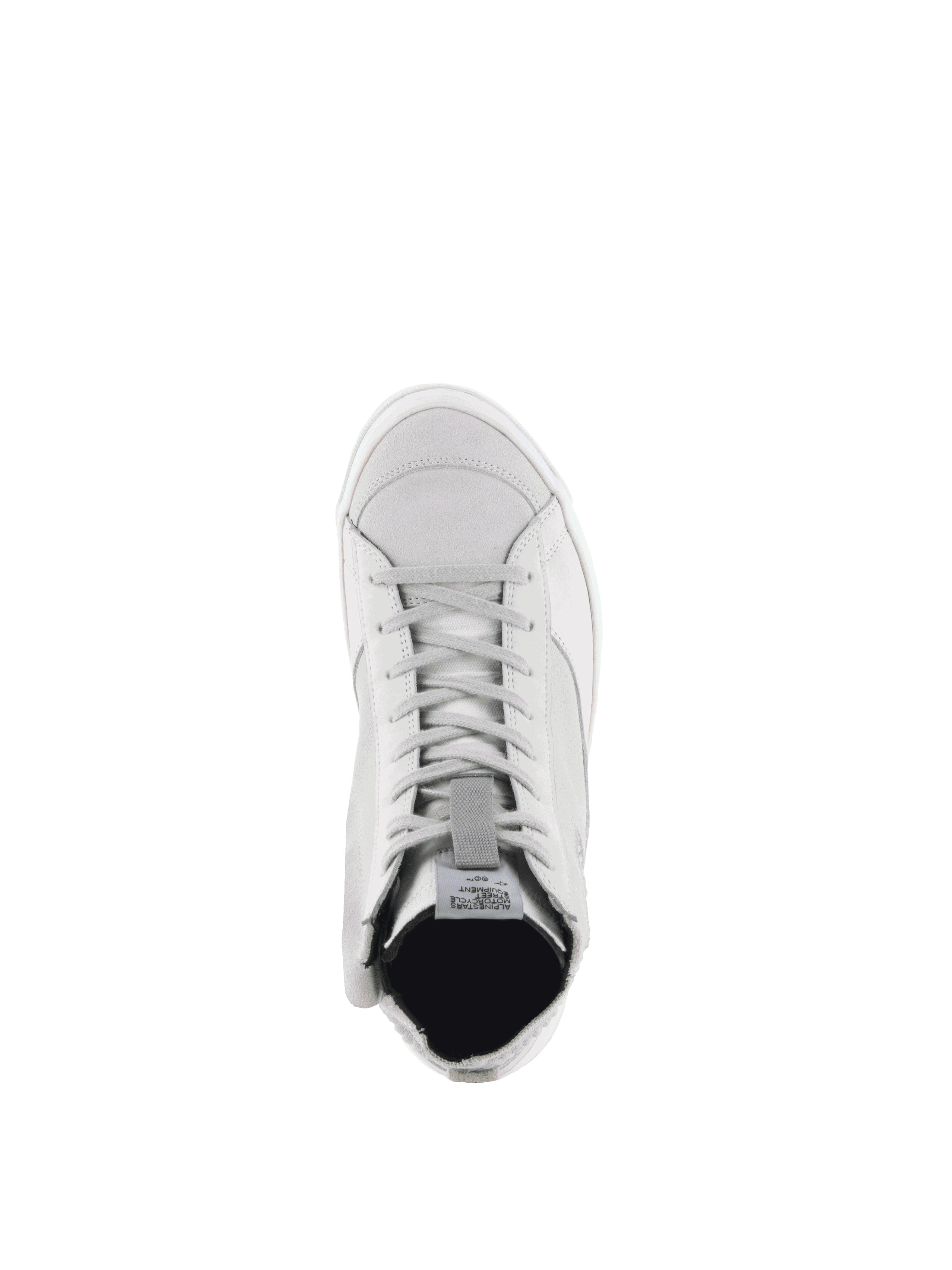 Alpinestars Stella Stated Podium Shoes, women's white and cool gray urban motorcycle riding sneakers, top-down view.