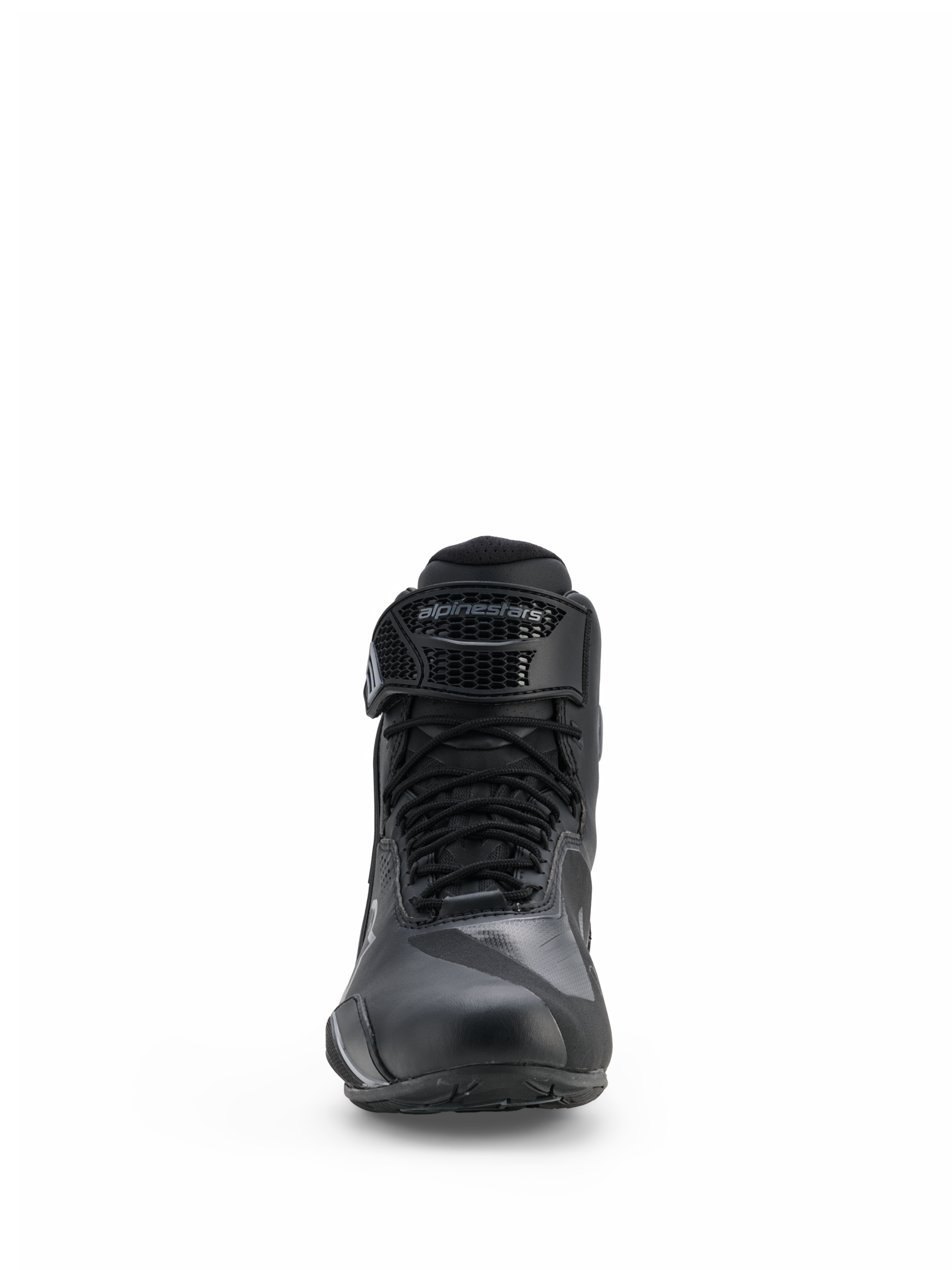 Alpinestars Faster-4 Drystar® Shoes, buty motocyklowe, czarno-szare, widok z przodu ze sznurowanym zapięciem i regulowanym paskiem na rzep z logo Alpinestars, smukła wodoodporna konstrukcja do jazdy sportowej