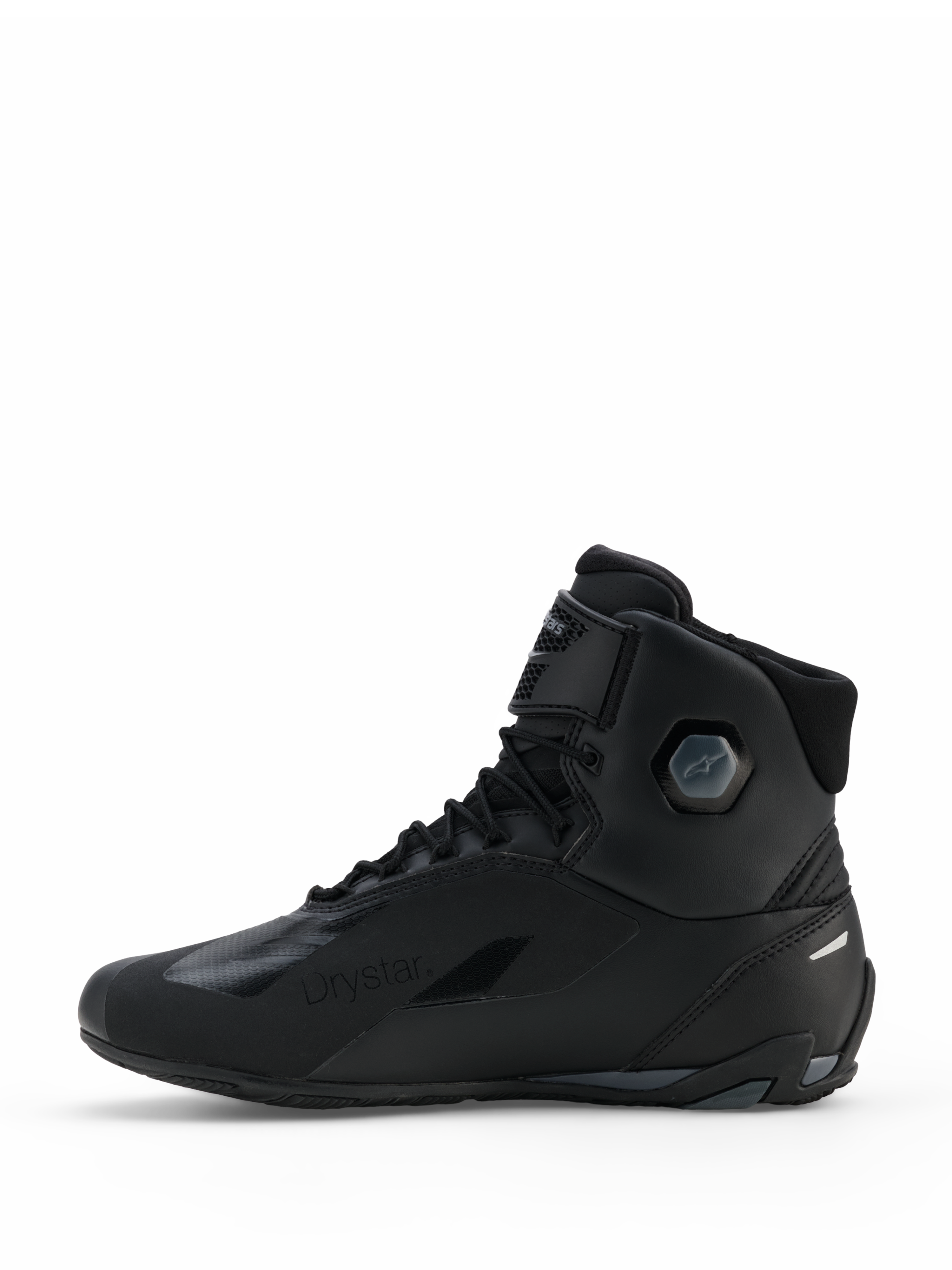 Buty Alpinestars Faster-4 Drystar®, buty motocyklowe, Black Cool Gray, widok z boku, bezszwowa konstrukcja z mikrofibry, wodoodporne logo Drystar, sznurowane zapięcie z paskiem na kostce i zintegrowana konstrukcja ochronna kostki.