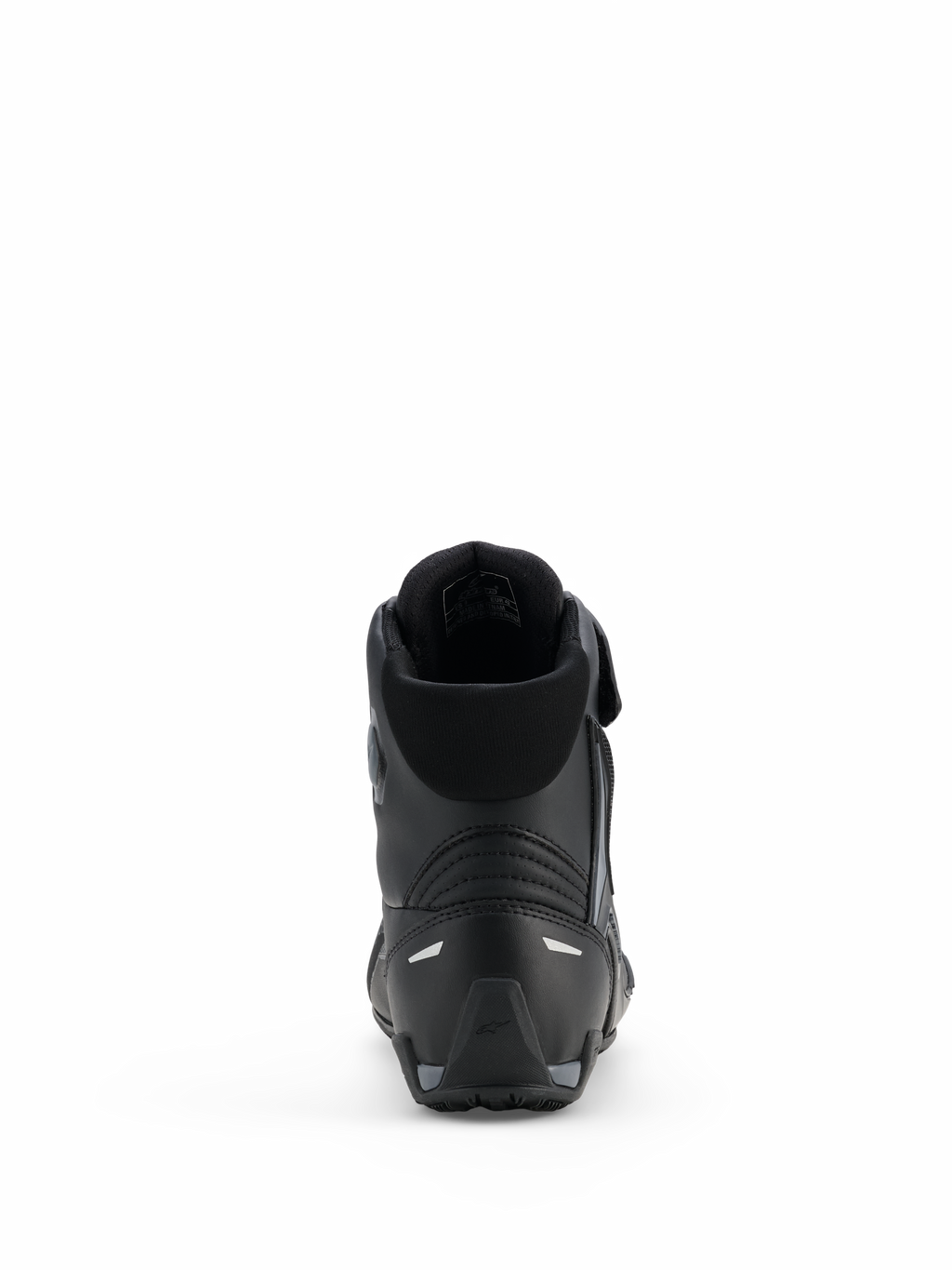 Buty Alpinestars Faster-4 Drystar®, buty motocyklowe, kolor Black Cool Gray, widok z tyłu pokazujący wzmocnioną piętę, wyściełany kołnierz i odblaskowe detale, wodoodporna konstrukcja z mikrofibry do jazdy sportowej