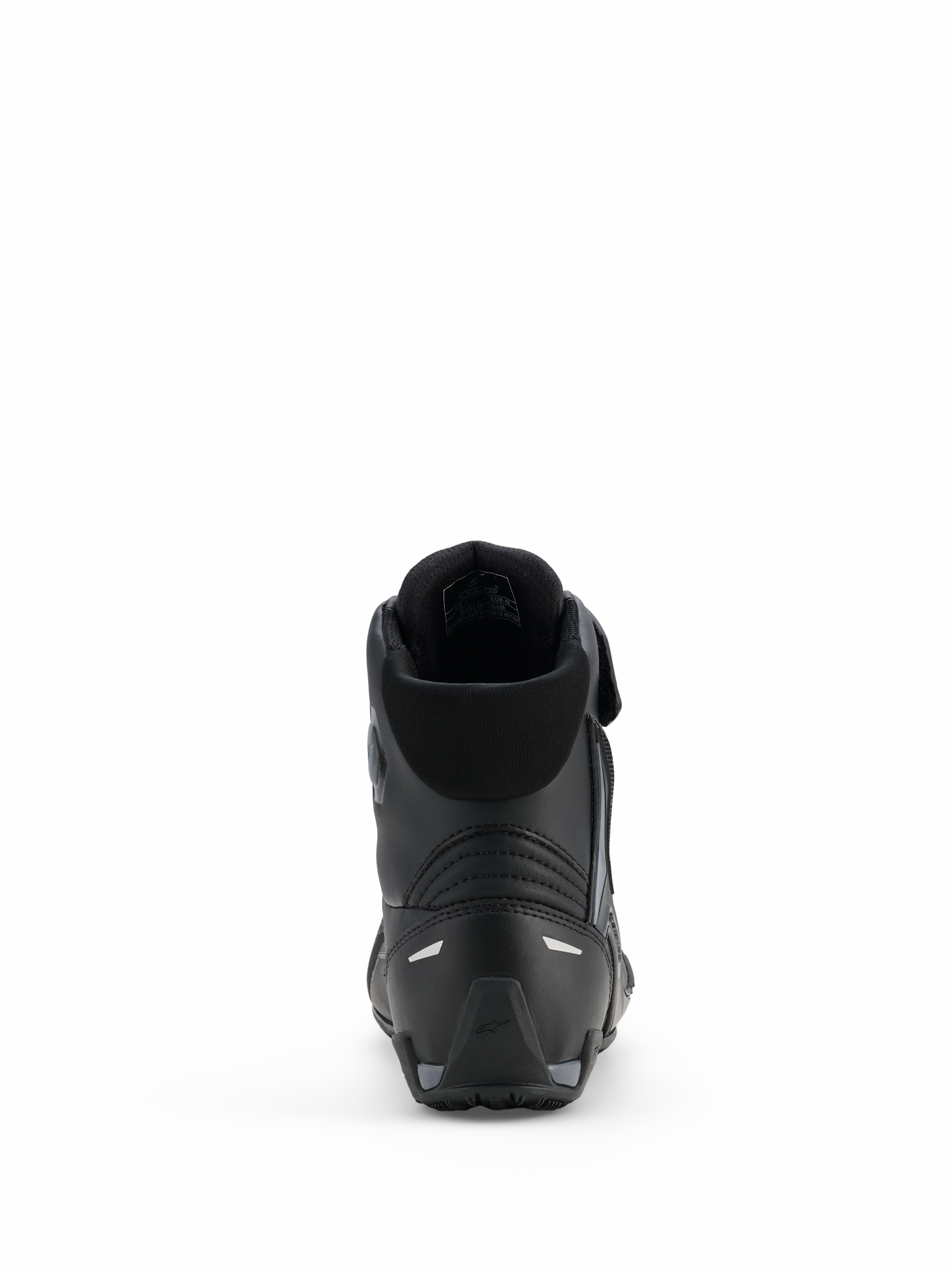 Buty Alpinestars Faster-4 Drystar®, buty motocyklowe, kolor Black Cool Gray, widok z tyłu pokazujący wzmocnioną piętę, wyściełany kołnierz i odblaskowe detale, wodoodporna konstrukcja z mikrofibry do jazdy sportowej