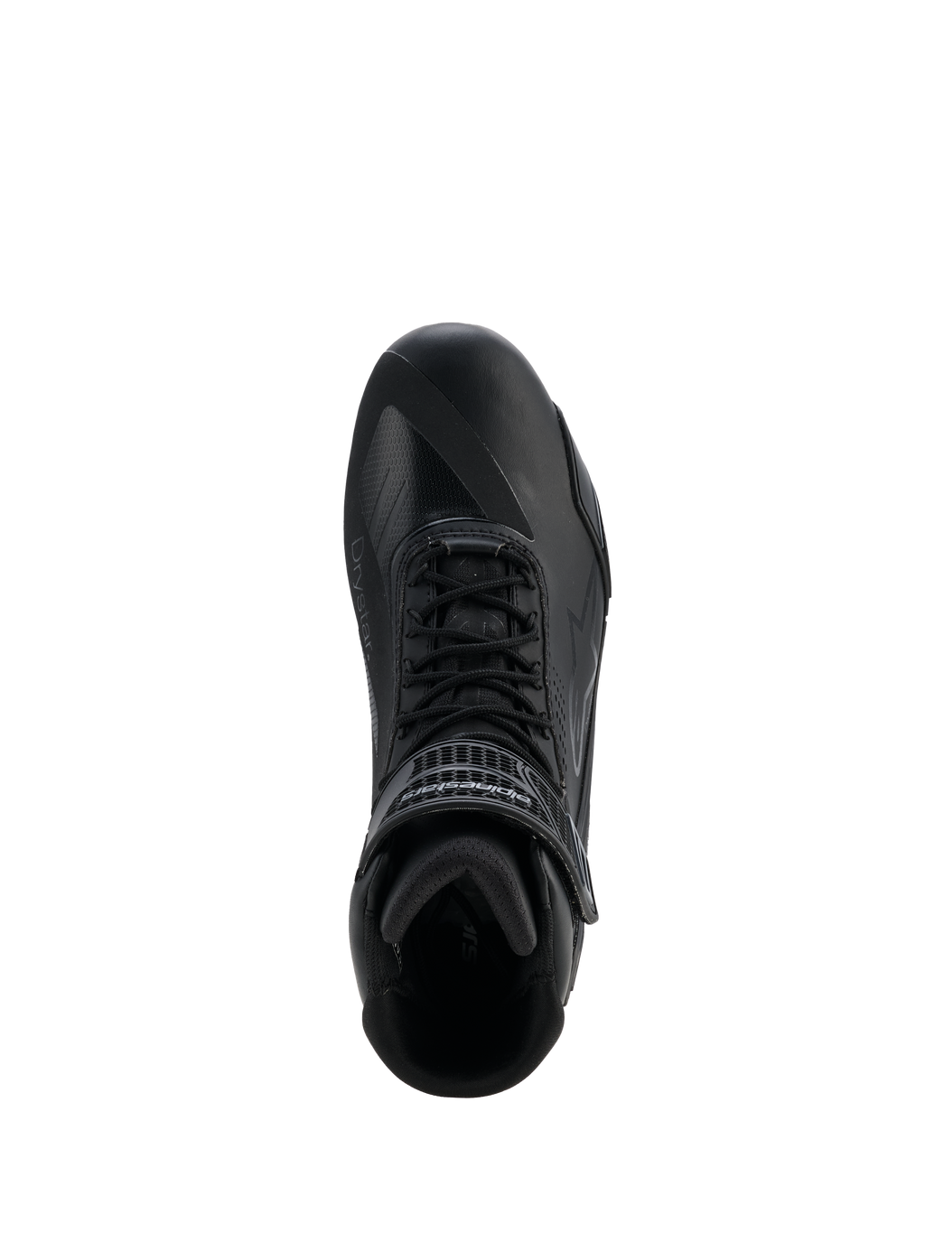Buty Alpinestars Faster-4 Drystar®, Black Cool Gray, widok z góry na but motocyklowy, sznurowane zapięcie i pasek na rzep przy kostce, bezszwowa konstrukcja z mikrofibry z logo Drystar®, smukły sportowy profil do bezpiecznej jazdy szosowej.