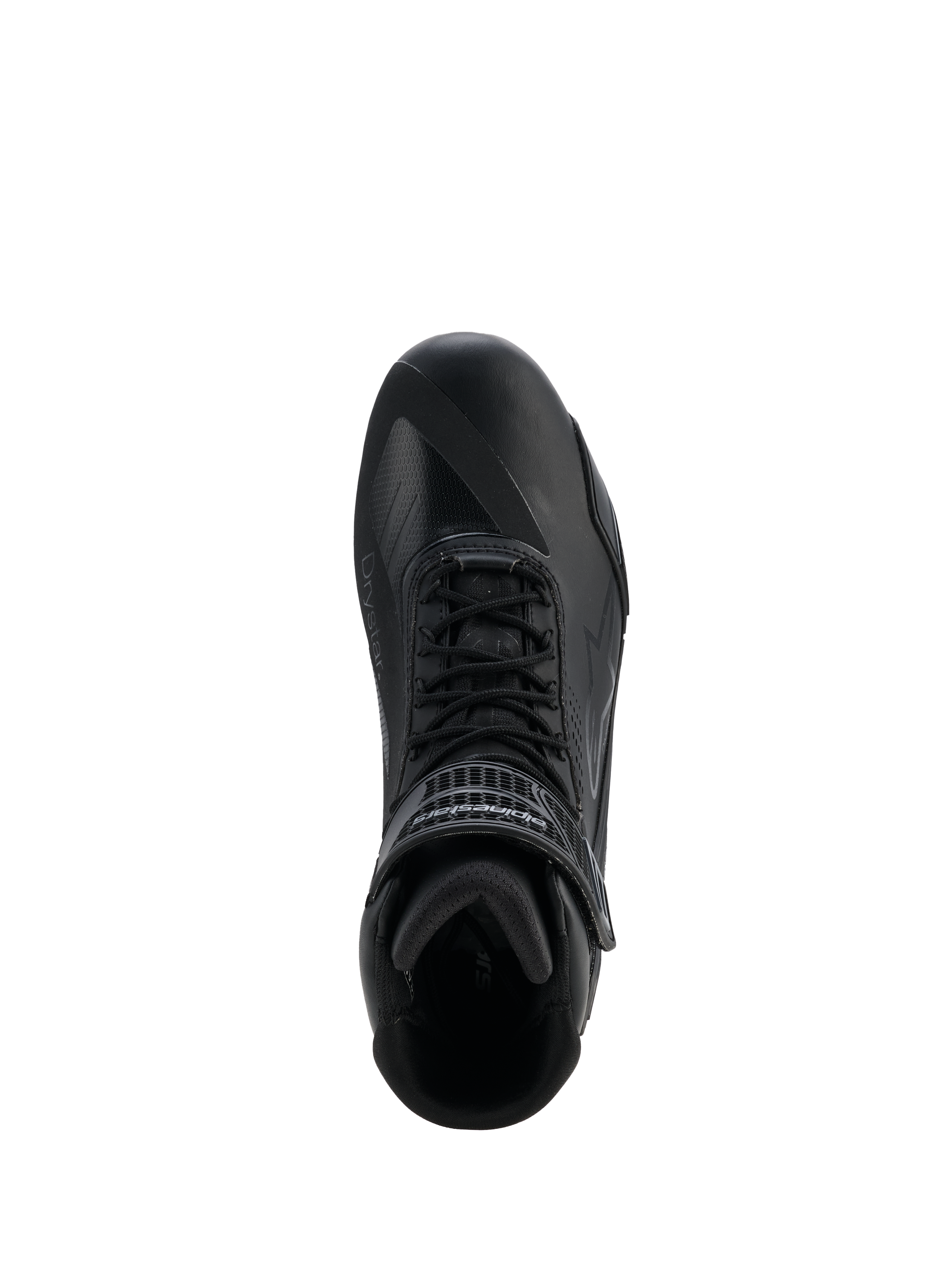 Buty Alpinestars Faster-4 Drystar®, Black Cool Gray, widok z góry na but motocyklowy, sznurowane zapięcie i pasek na rzep przy kostce, bezszwowa konstrukcja z mikrofibry z logo Drystar®, smukły sportowy profil do bezpiecznej jazdy szosowej.