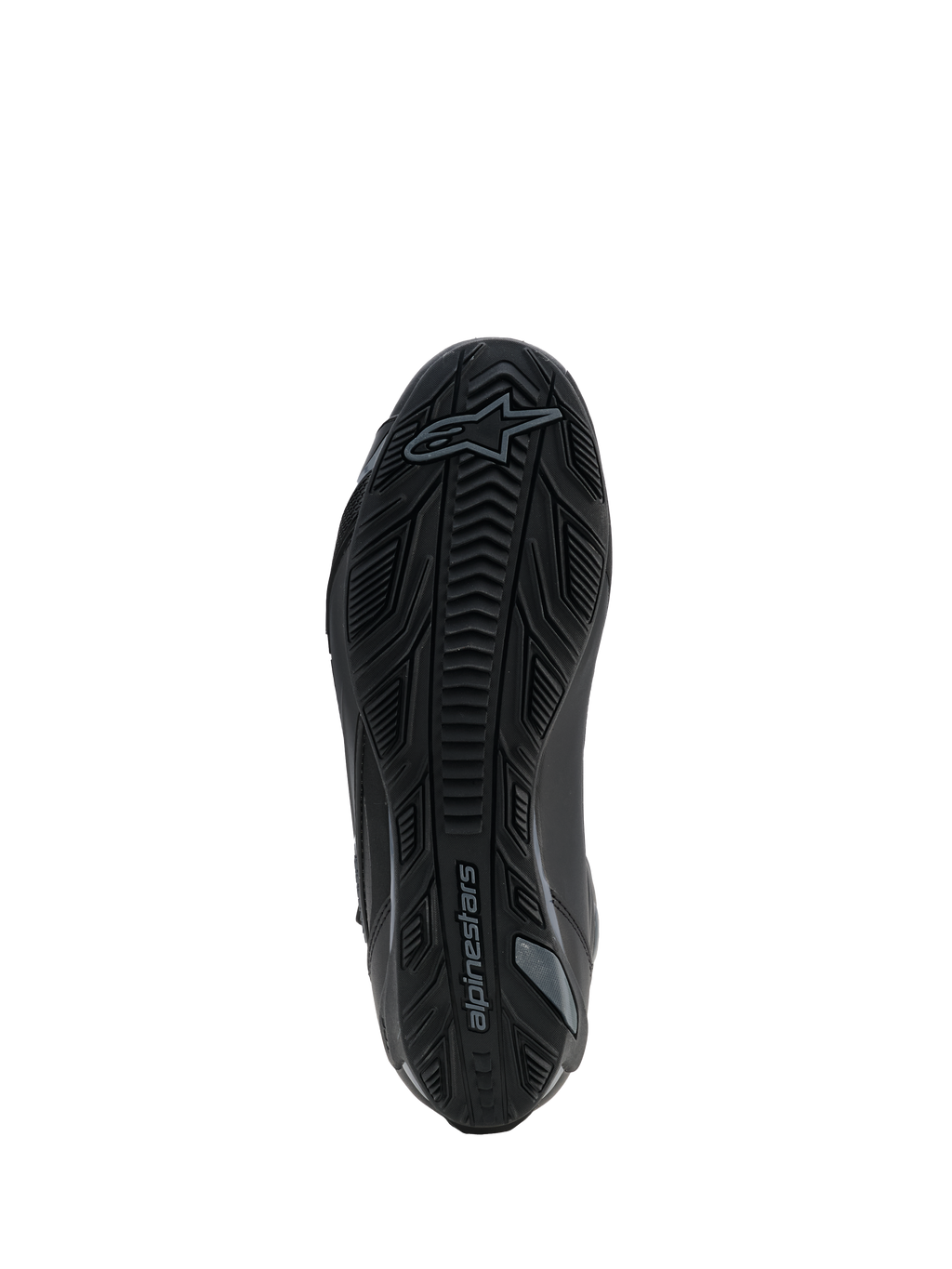 Alpinestars Faster-4 Drystar® Shoes, Black Cool Gray, widok od spodu na teksturowaną gumową podeszwę z wzorem bieżnika i logo Alpinestars, wzmocniona konstrukcja zapewniająca stabilność i przyczepność