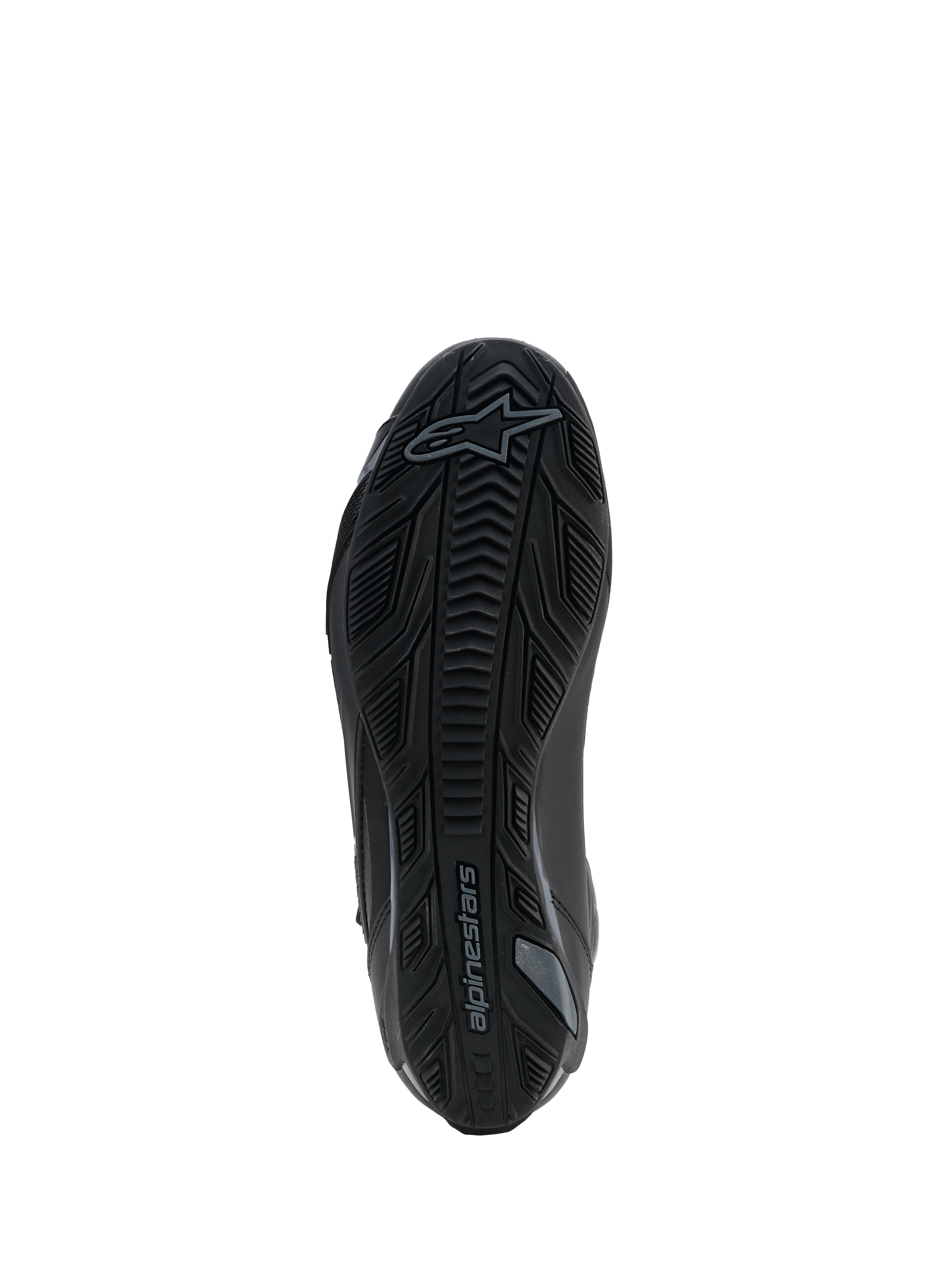 Alpinestars Faster-4 Drystar® Shoes, Black Cool Gray, widok od spodu na teksturowaną gumową podeszwę z wzorem bieżnika i logo Alpinestars, wzmocniona konstrukcja zapewniająca stabilność i przyczepność