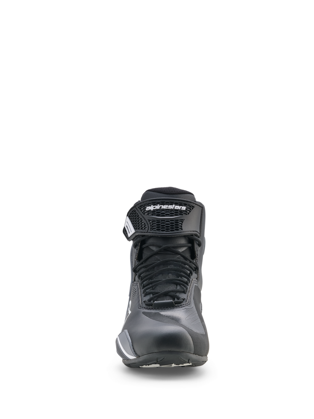 Buty Alpinestars Faster-4 Drystar®, buty motocyklowe, czarne, chłodno szare i białe, widok z przodu ze sznurowanym zapięciem i paskiem na rzep na kostce, sportowy niski profil do jazdy szosowej
