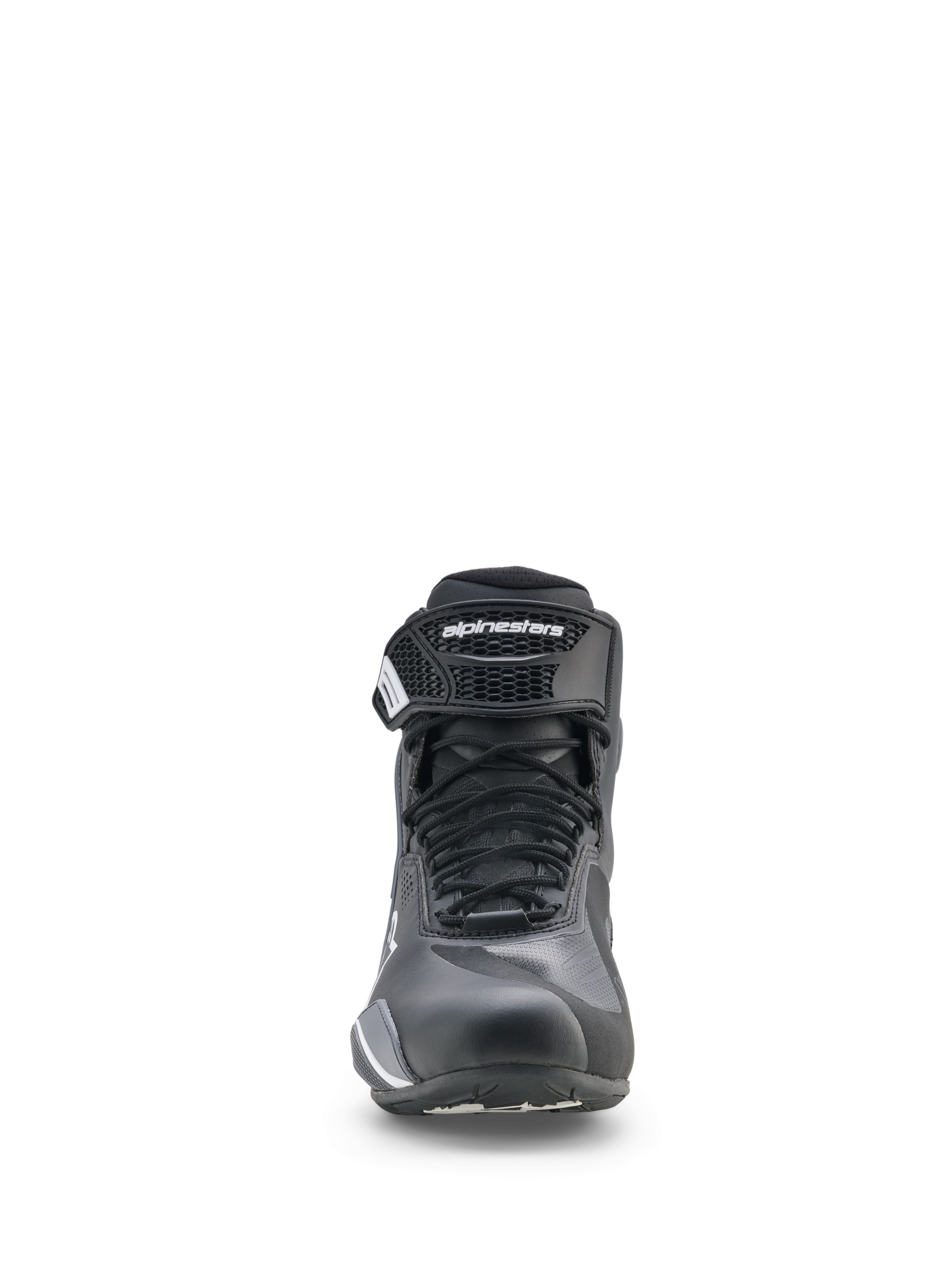 Buty Alpinestars Faster-4 Drystar®, buty motocyklowe, czarne, chłodno szare i białe, widok z przodu ze sznurowanym zapięciem i paskiem na rzep na kostce, sportowy niski profil do jazdy szosowej