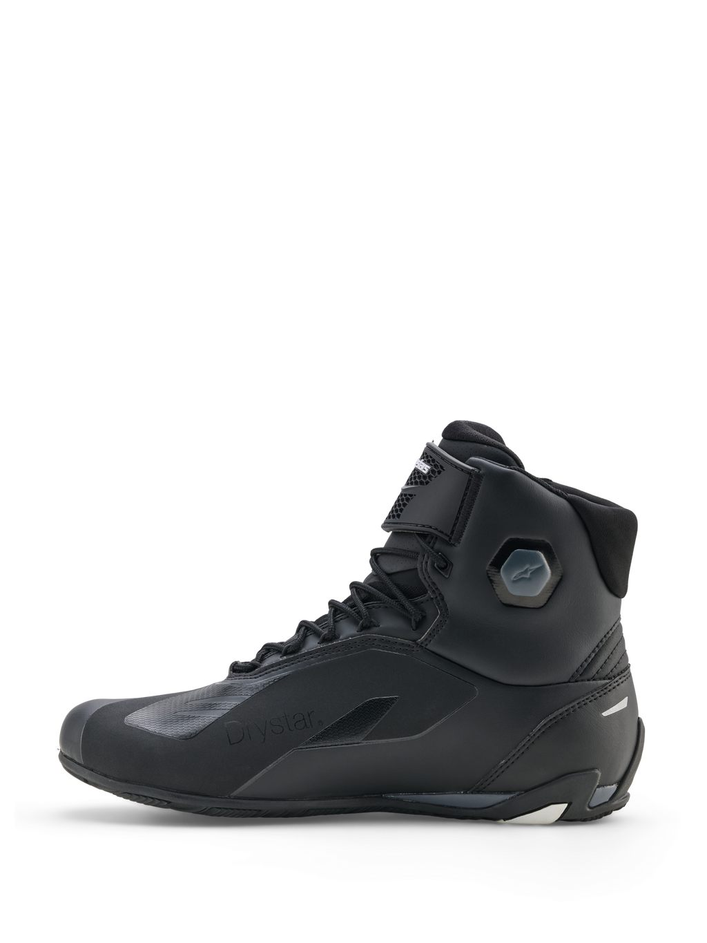 Buty Alpinestars Faster-4 Drystar®, buty motocyklowe, czarne z szarymi i białymi detalami, widok z boku, wodoodporna konstrukcja, sznurowane zapięcie z paskiem na rzep, zintegrowana ochrona kostki
