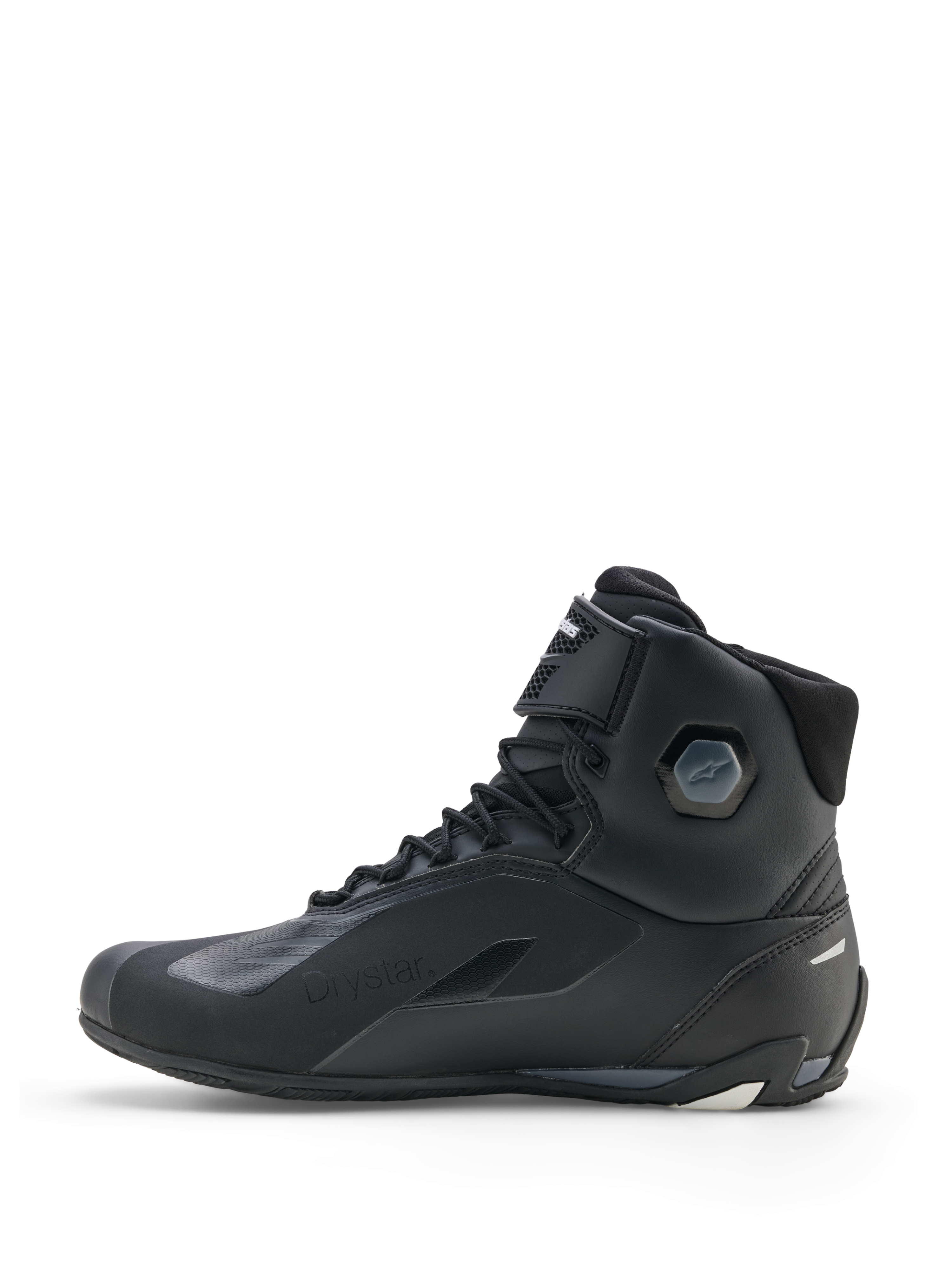 Buty Alpinestars Faster-4 Drystar®, buty motocyklowe, czarne z szarymi i białymi detalami, widok z boku, wodoodporna konstrukcja, sznurowane zapięcie z paskiem na rzep, zintegrowana ochrona kostki