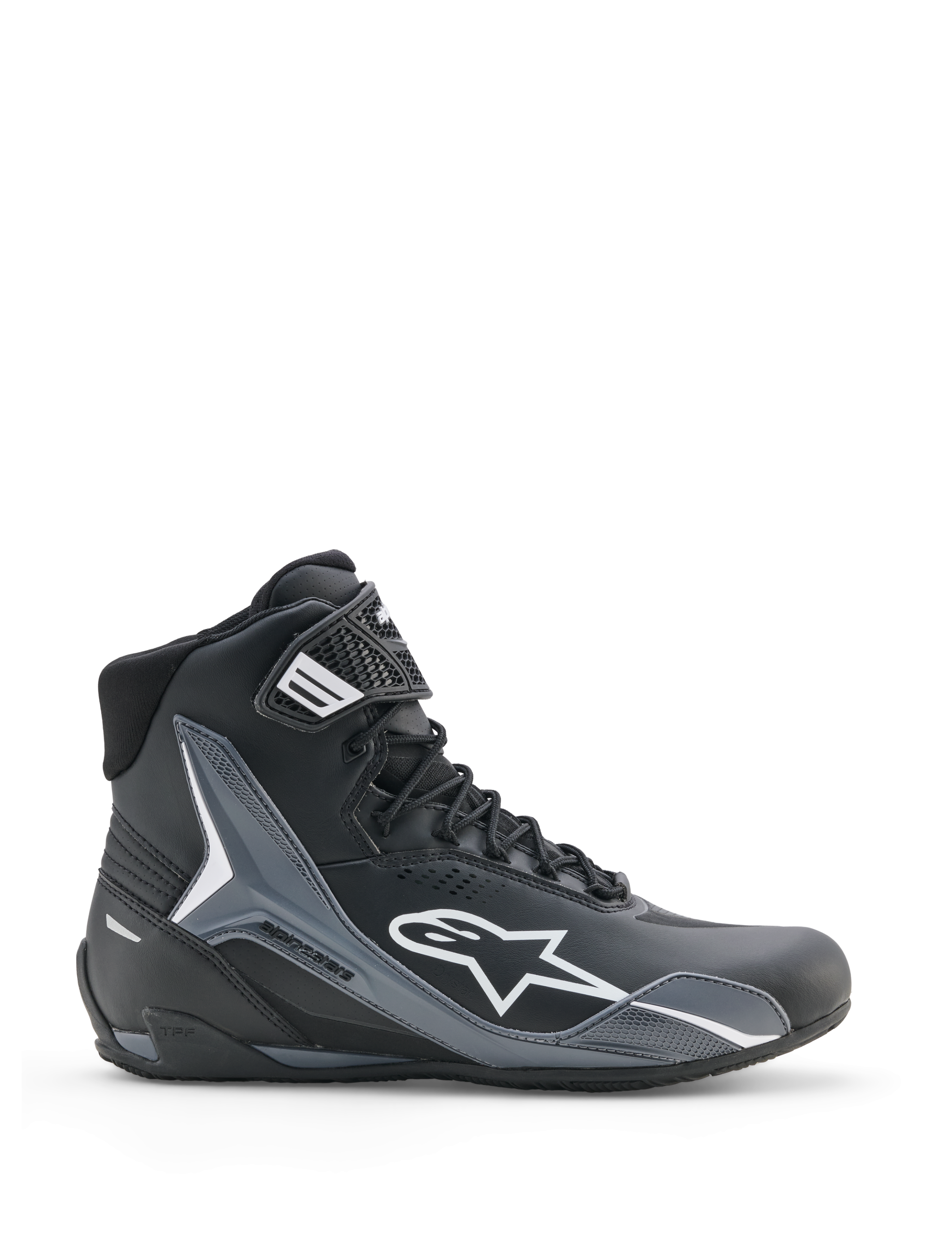 Buty Alpinestars Faster-4 Drystar, buty motocyklowe, czarne z szarymi i białymi akcentami, widok z boku prezentujący białe logo Astars, wysoka konstrukcja z wzmocnionymi panelami ochronnymi, sznurowane zapięcie z paskiem na kostce, nowoczesny sportowy styl