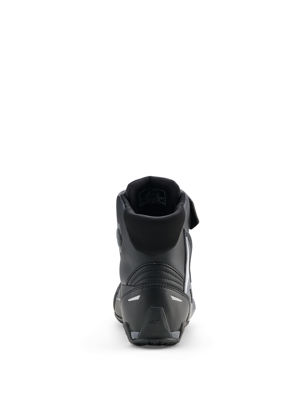 Buty Alpinestars Faster-4 Drystar®, buty motocyklowe, czarno-szaro-białe, widok z tyłu przedstawiający wyściełany kołnierz, wzmocnioną piętę z odblaskowymi akcentami oraz teksturowaną gumową podeszwę dla sportowych osiągów.