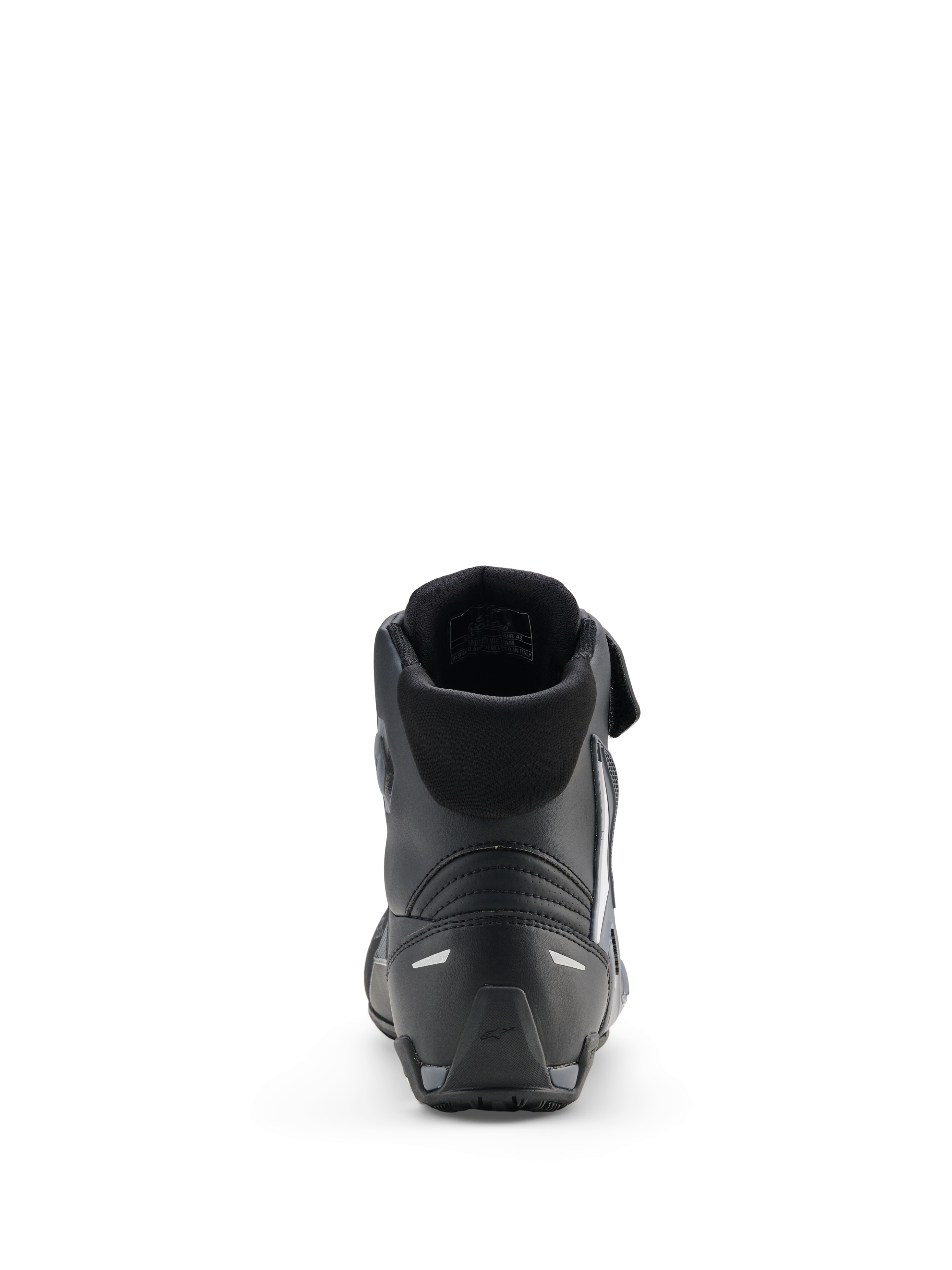 Buty Alpinestars Faster-4 Drystar®, buty motocyklowe, czarno-szaro-białe, widok z tyłu przedstawiający wyściełany kołnierz, wzmocnioną piętę z odblaskowymi akcentami oraz teksturowaną gumową podeszwę dla sportowych osiągów.