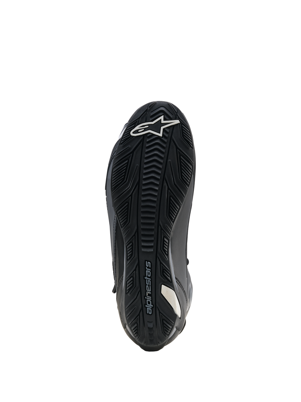 Buty Alpinestars Faster-4 Drystar, buty motocyklowe, czarne, widok podeszwy przedstawiający wzmocnioną gumową podeszwę zewnętrzną z teksturowanym bieżnikiem, białe logo gwiazdy na palcach i branding Alpinestars, konstrukcja zapewniająca stabilność i przyczepność do podnóżków