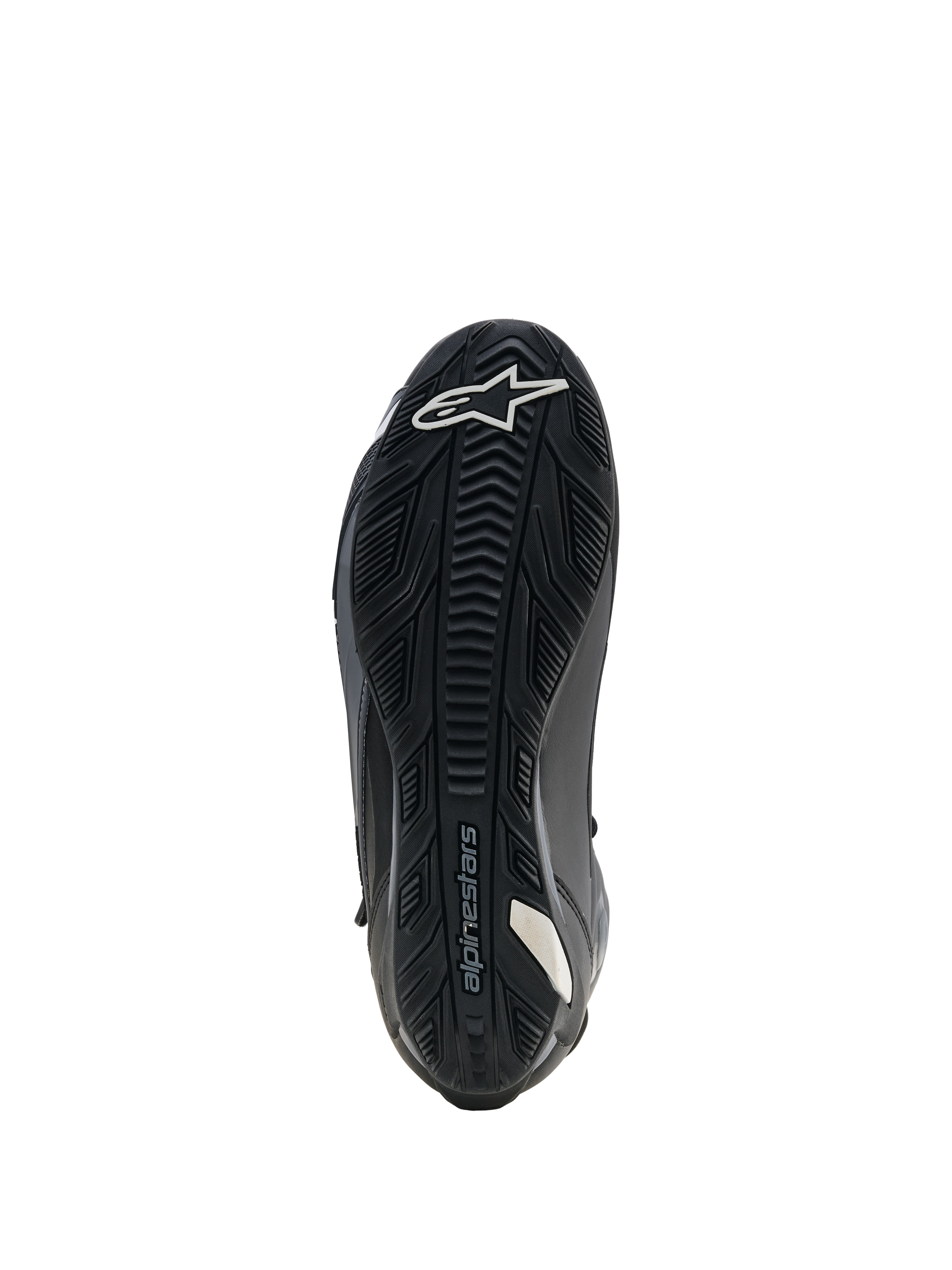 Buty Alpinestars Faster-4 Drystar, buty motocyklowe, czarne, widok podeszwy przedstawiający wzmocnioną gumową podeszwę zewnętrzną z teksturowanym bieżnikiem, białe logo gwiazdy na palcach i branding Alpinestars, konstrukcja zapewniająca stabilność i przyczepność do podnóżków
