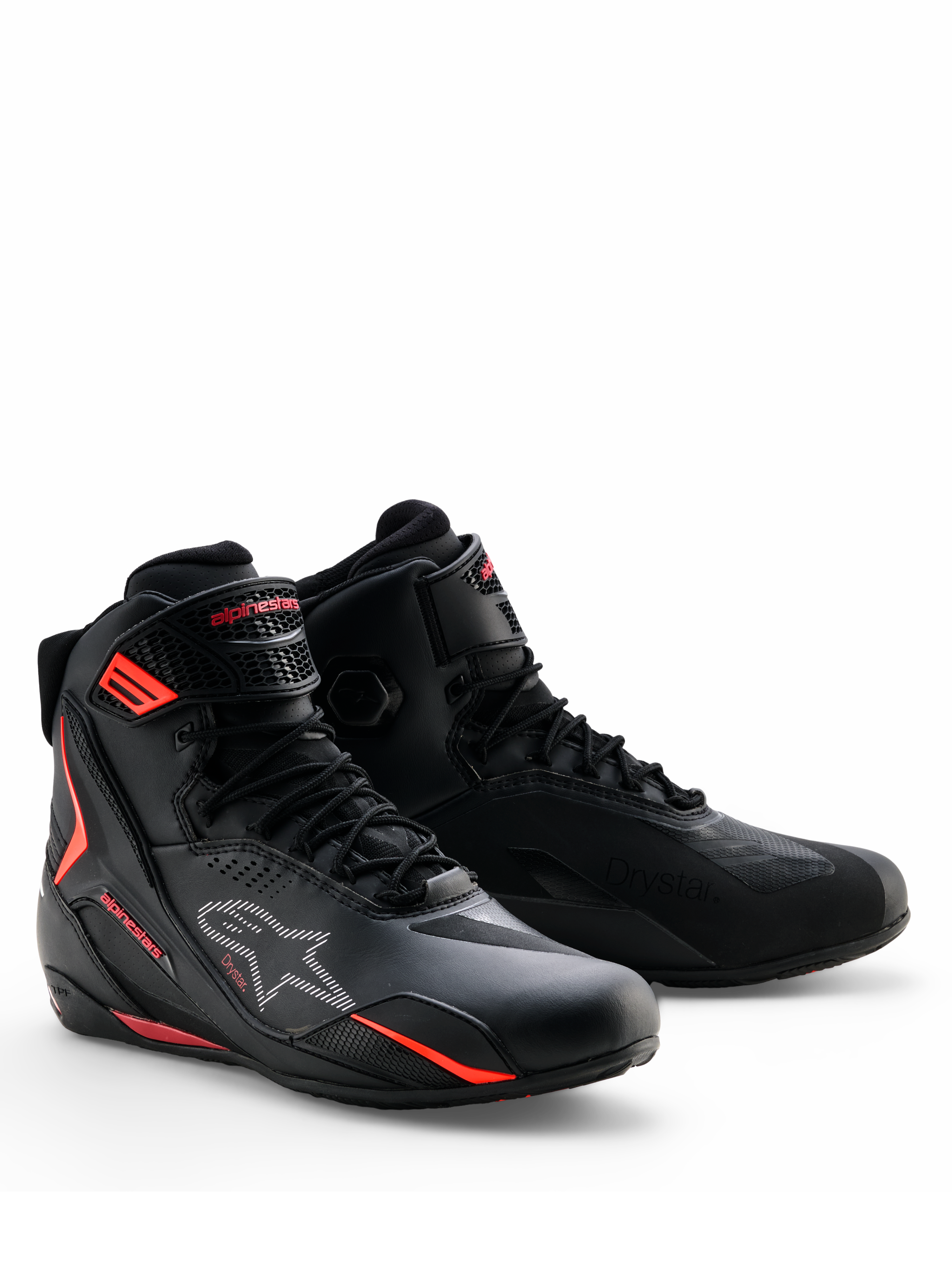 Buty Alpinestars Faster-4 Drystar®, buty motocyklowe, czarne z akcentami Rio Red i Red Fluo, sznurowana konstrukcja z wodoodporną cholewką z mikrofibry, smukły sportowy profil do jazdy szosowej i sportowej