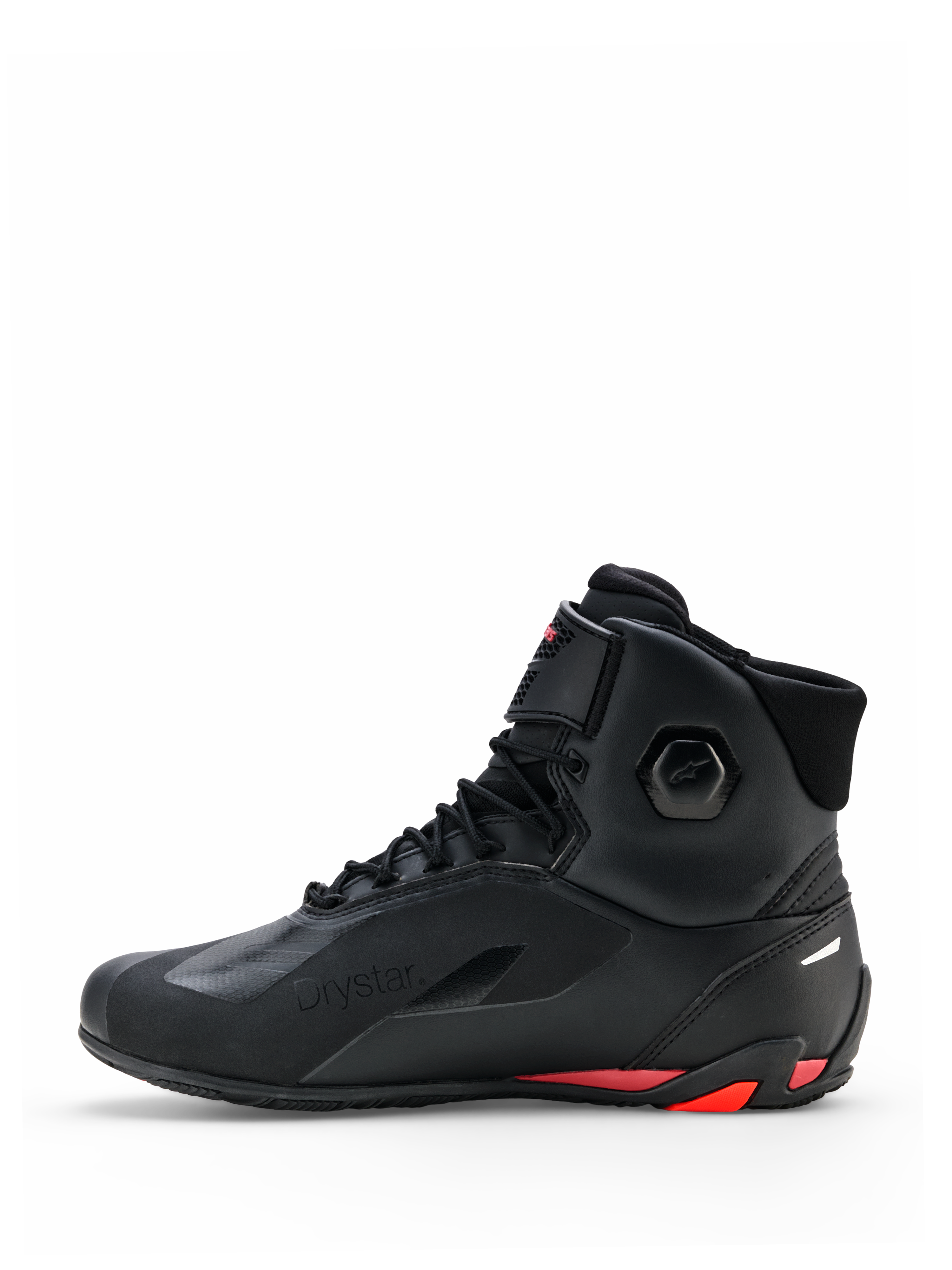 Buty Alpinestars Faster-4 Drystar®, buty motocyklowe, czarne z akcentami Rio Red i Red Fluo, widok z boku, bezszwowa konstrukcja z mikrofibry, branding Drystar oraz wzmocniona pięta z czerwonymi detalami