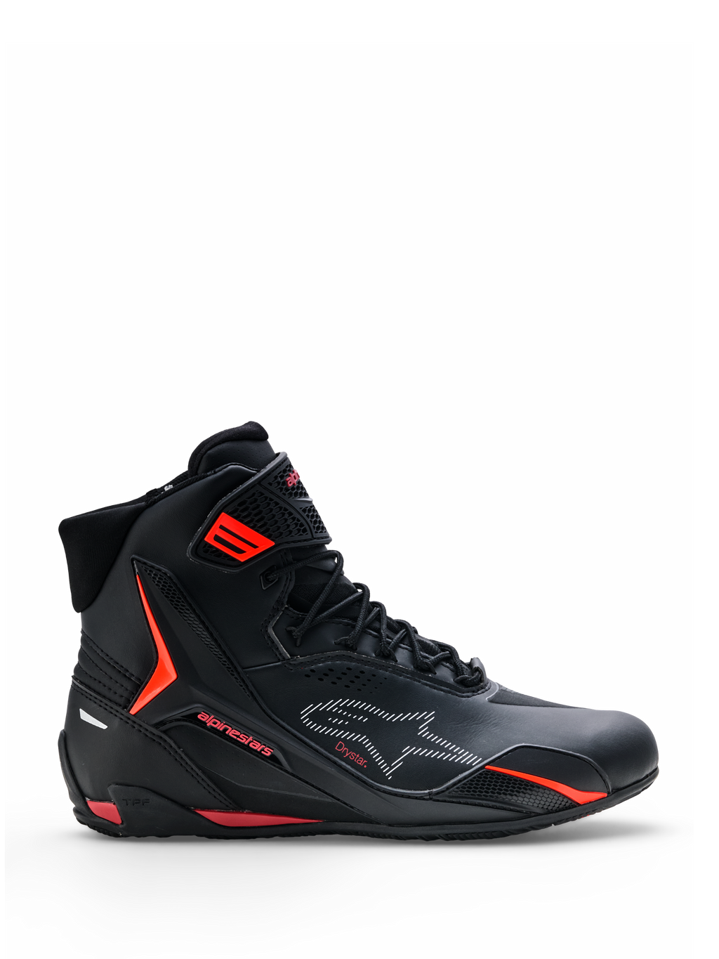 Alpinestars Faster-4 Drystar® Shoes, buty motocyklowe, czarne z akcentami Rio Red i Red Fluo, widok z boku, wysoka konstrukcja ze sznurowaniem i paskiem na kostce, sportowy styl miejski